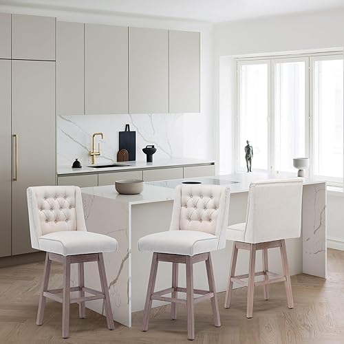Miniatura 8 de Juego de 4 taburetes de bar giratorios de 26 pulgadas, taburetes de bar de altura de mostrador con respaldo, taburetes de bar tapizados de tela