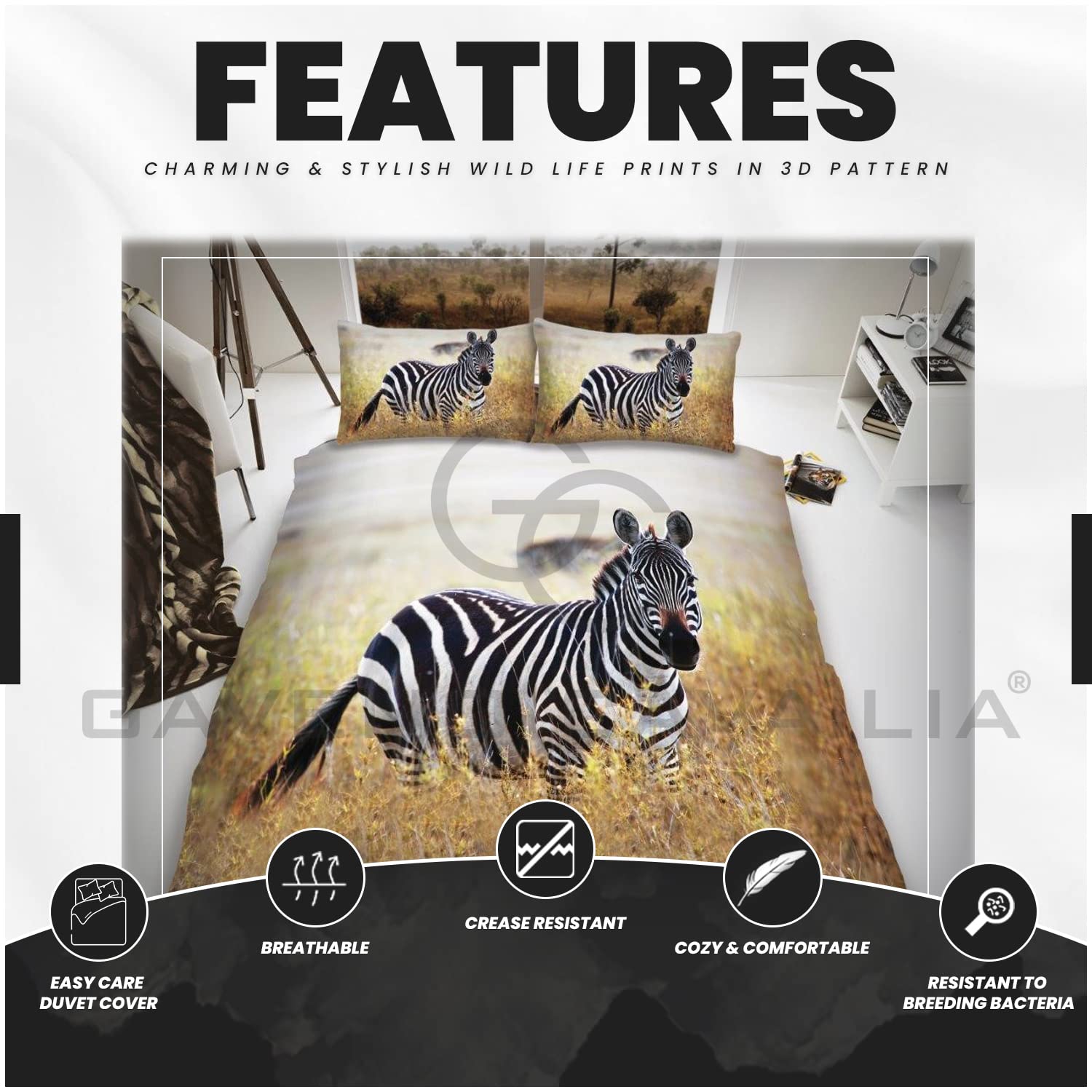 GC GAVENO CAVAILIA SHAKESPEARE Wildlife Duvet Cover, 3D Animal Bedding Set, 3D Zebra, King 659068 - Image 4