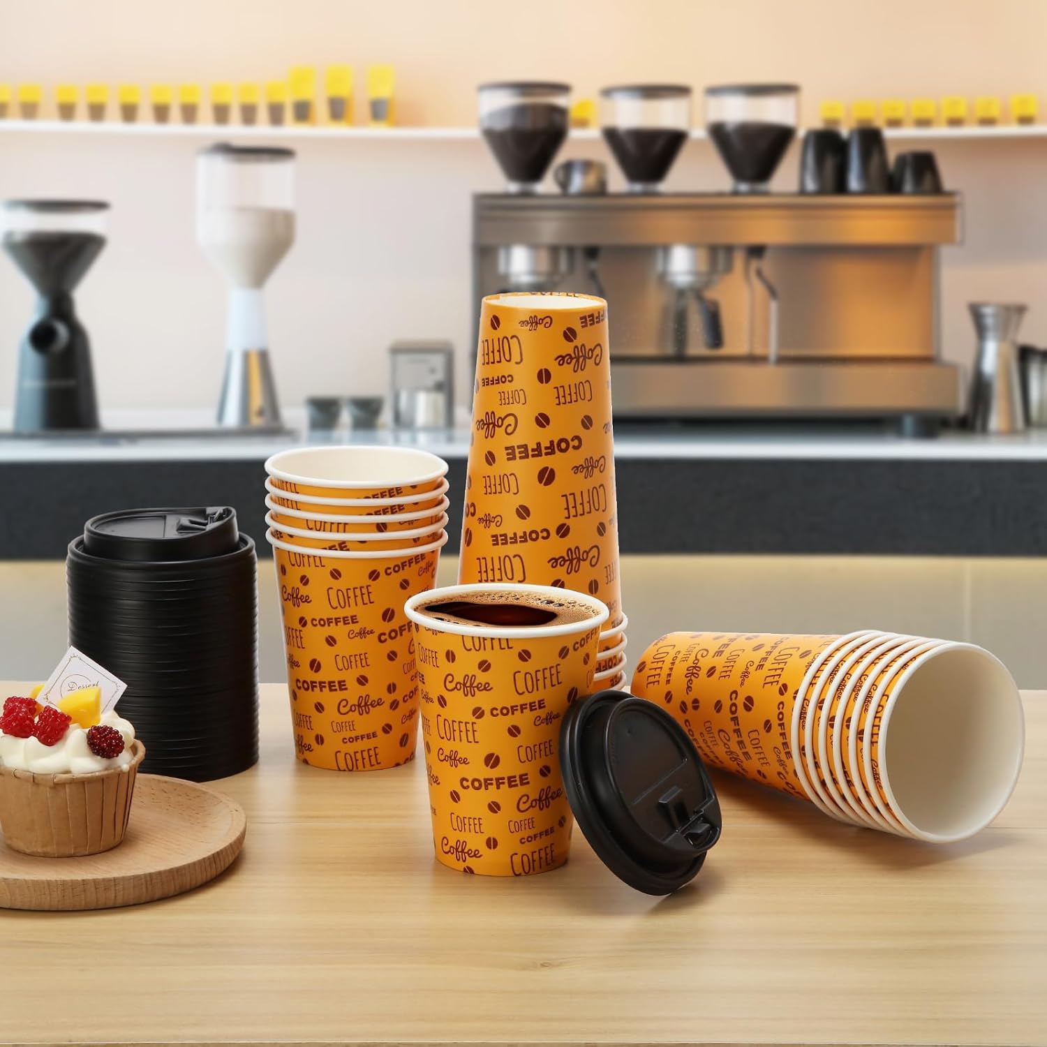 Tamone 100 PACK 12OZ Disposable Coffee Cups with Lids, To Go Coffee Cups with Lids Leak Proof, Coffee Bean Design Brown Paper Cups for Cold/Hot Beverage Chocolate Cocoa for Home Office - Image 6