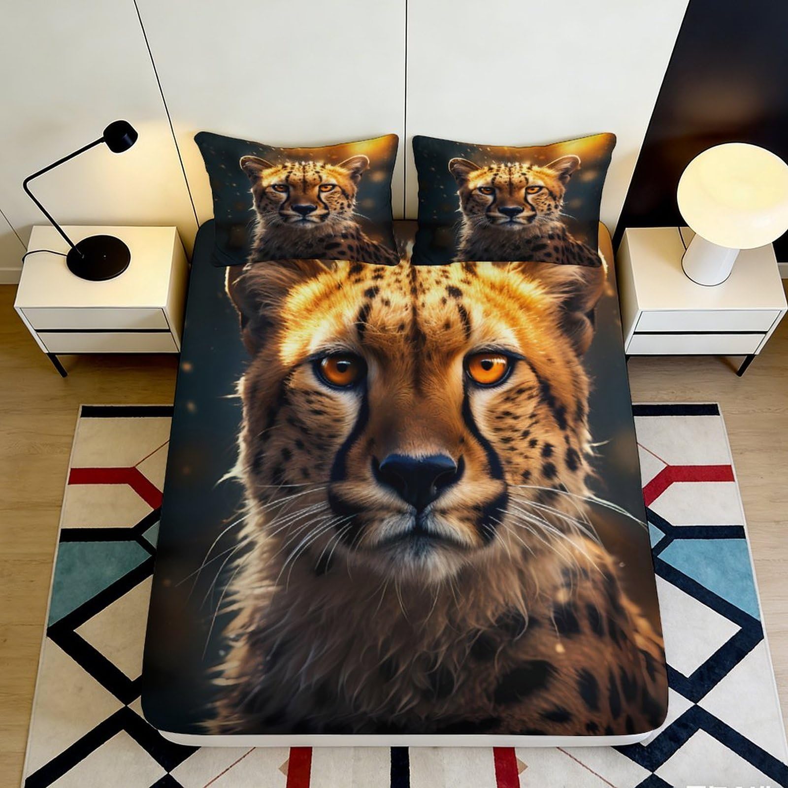 3D Printed Cheetah Animal Fitted Sheet Microfiber Soft Anti-Slip Leopard Mattress Cover for Bedroom Dorm Decor 200x200x25cm