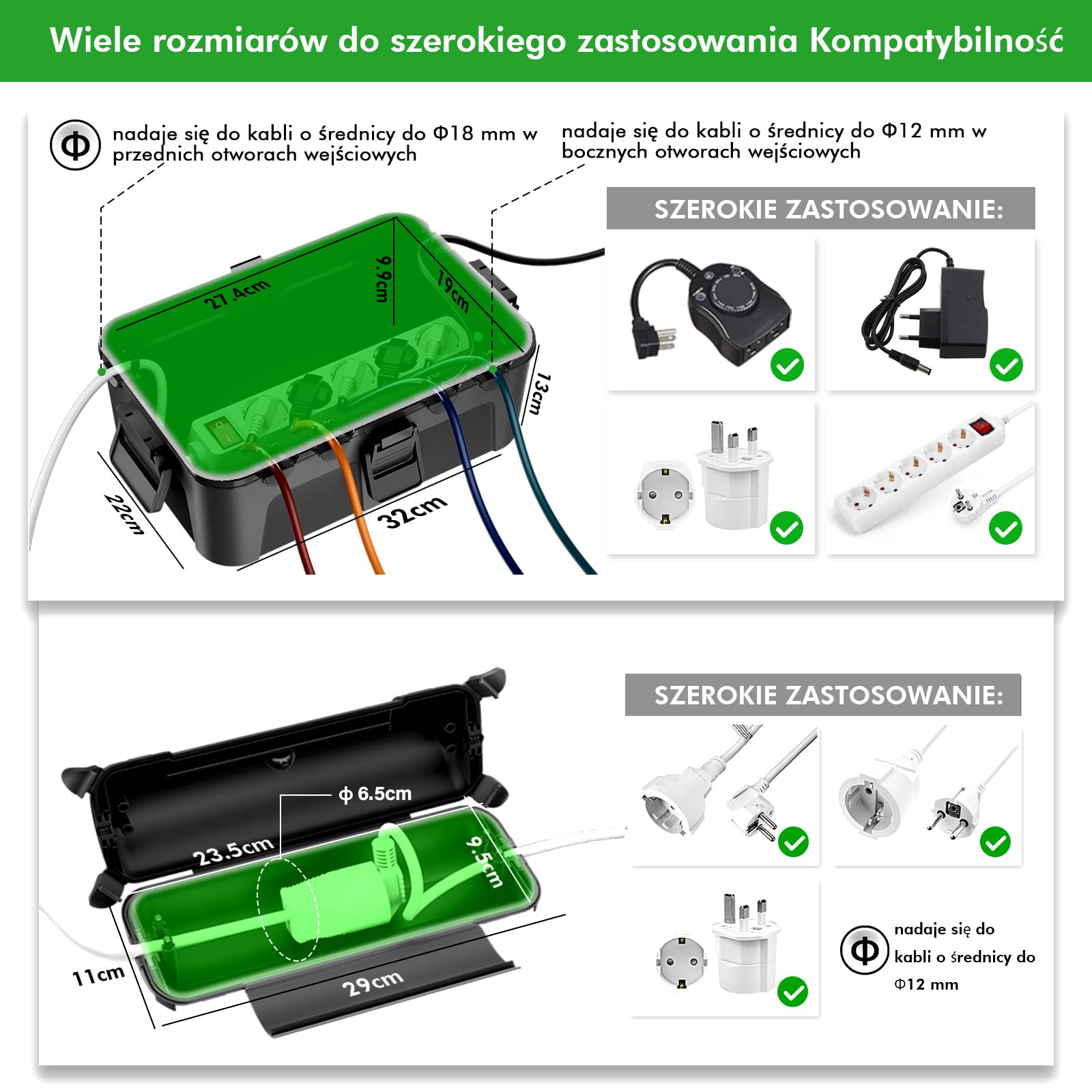RESTMO IP44 wodoodporna skrzynka na kable do użytku na zewnątrz (Outdoor), odporna na warunki atmosferyczne, duża skrzynka ochronna na przedłużacze, wtyczka Schuko, narzędzia elektryczne, 290 mm x 110
