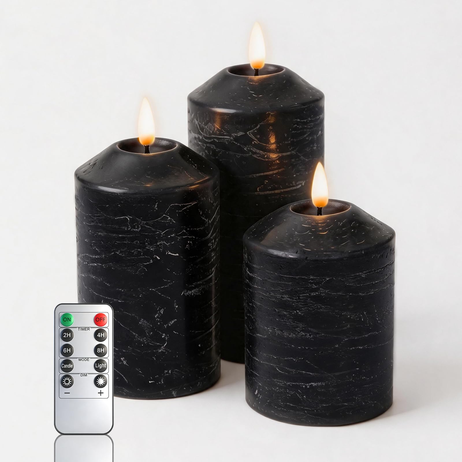 KiimLaa Black Flameless Candles Flickering 3 Pack, Real Wax Marble Pattern Pillar Electric Candle with Remote Control and Timer, Battery Operated Candle for Festival, Wedding, Home Decor