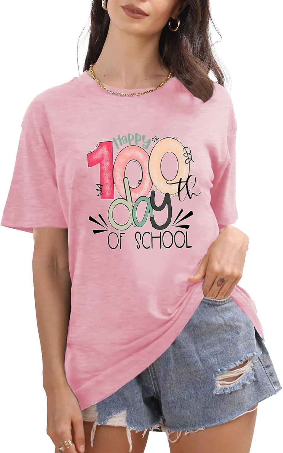 100th Day of School Shirt for Women Teacher Graphic T-Shirt Funny Teach Short Sleeve Tee Tops - Image 4