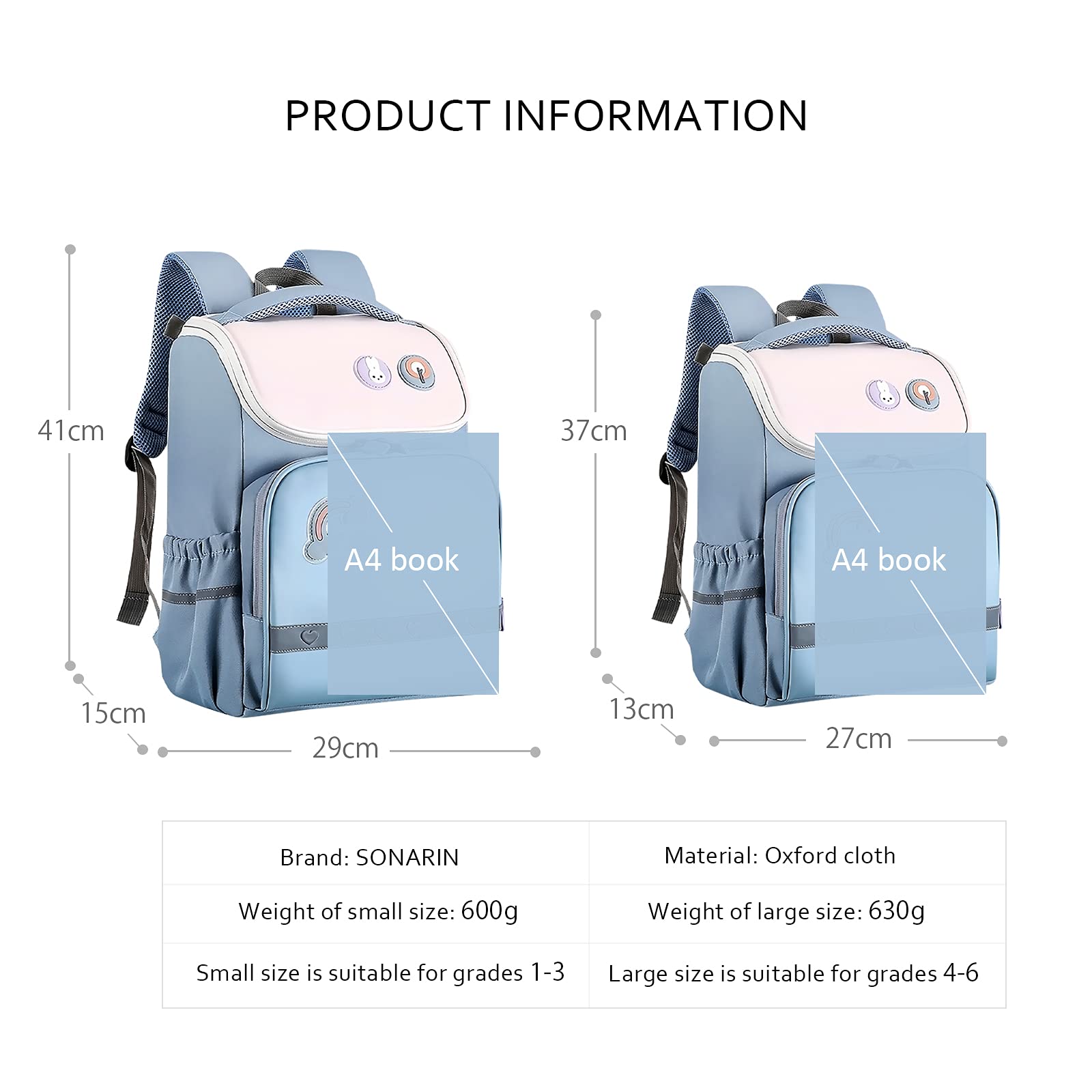 SONARIN Zaino Scuola Elementare,Zaino per Bambini Leggera Impermeabile,Zaino per Studenti Durevole Borsa da Scuola Ragazzi Ragazze Zaino per la Scuola Zainetti Bambini Grande Capacità(Blu)