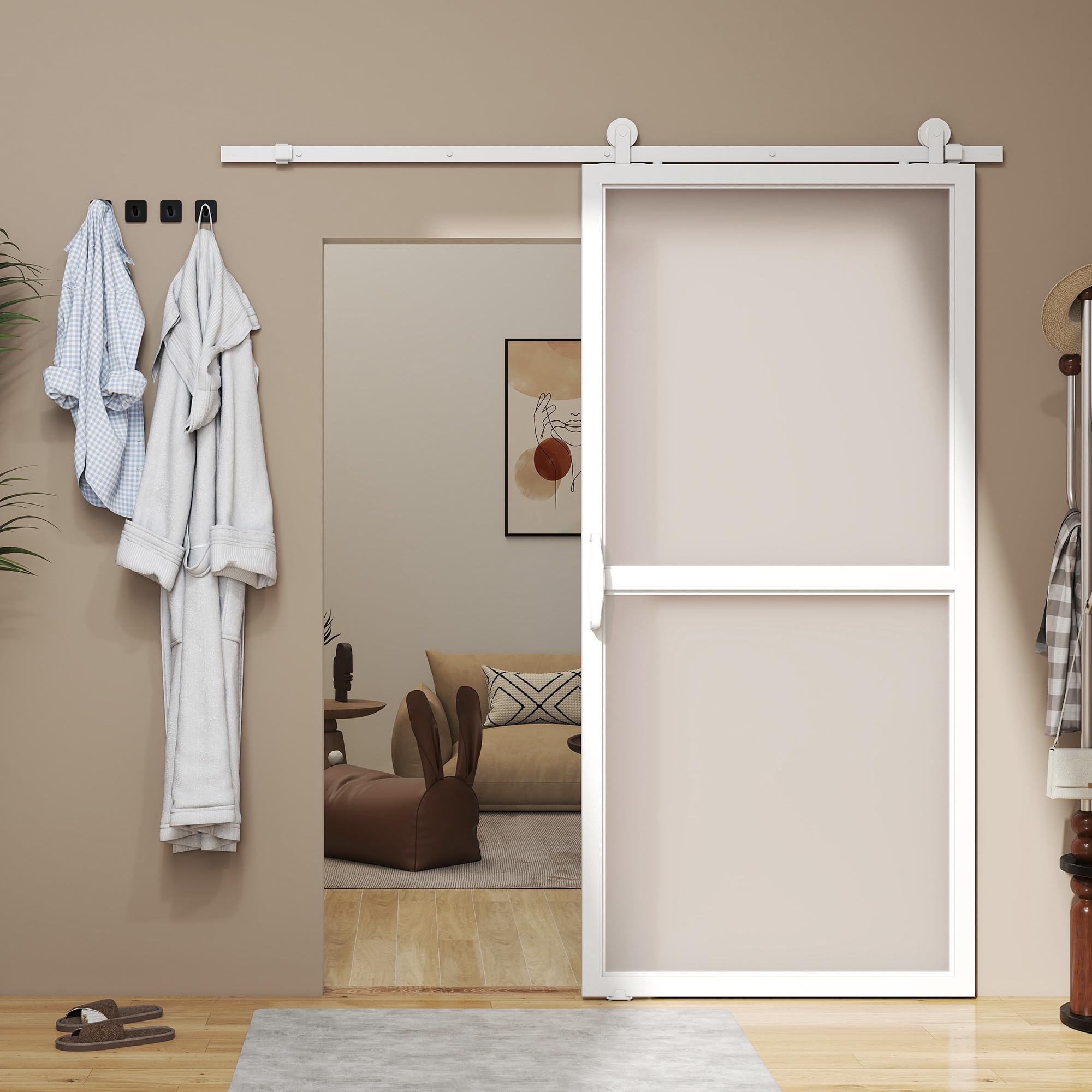 HOMCOM Hardware per porte scorrevoli 200 cm, kit di accessori per porta scorrevole con 2 guide in acciaio al carbonio e guida a pavimento, per garage, armadio/guardaroba, bianco
