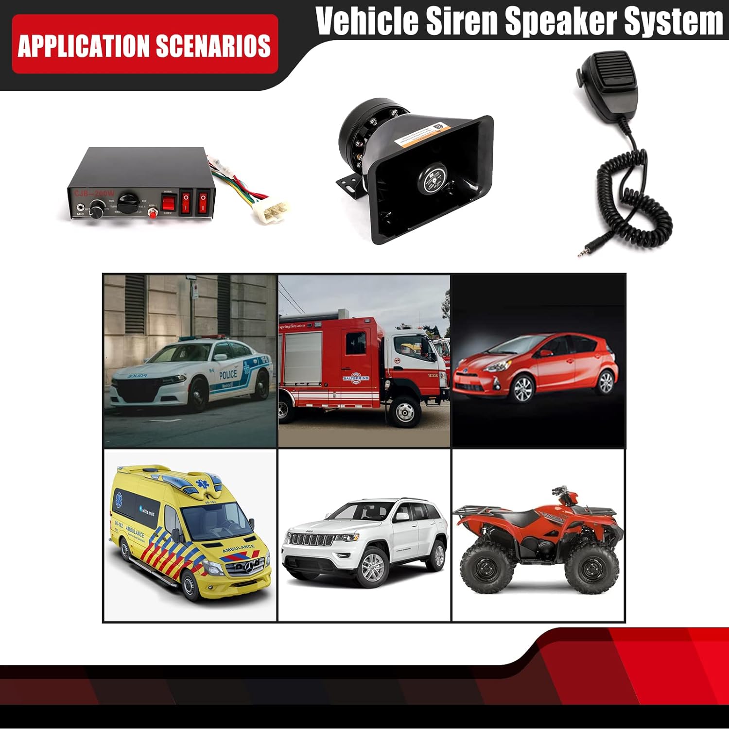 9 Tones Police Siren 200W Wired Handheld Microphone Loudspeaker Emergency Electronic PA System Amplifier Black Plastic Square Speaker DC12V