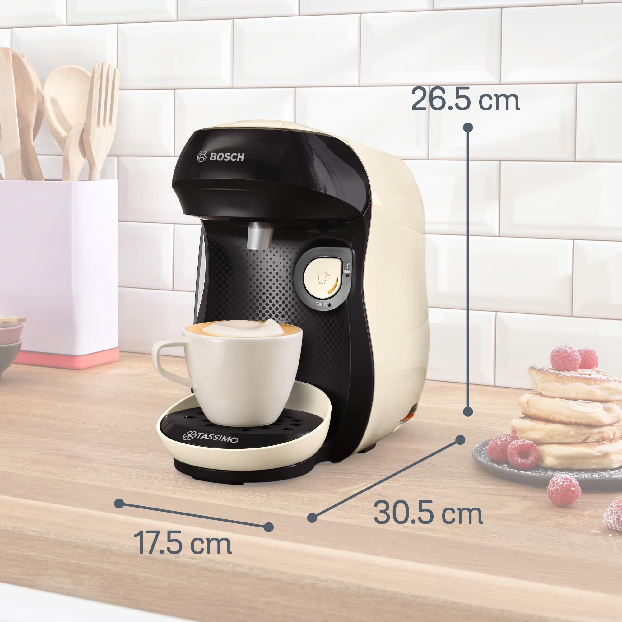 Bosch Machine à café multi-boissons Tassimo Happy friendly, TAS107E, plus de 70 boissons chaudes, OneTouch, cafétière à dosettes, Intellibrew, couleur crème