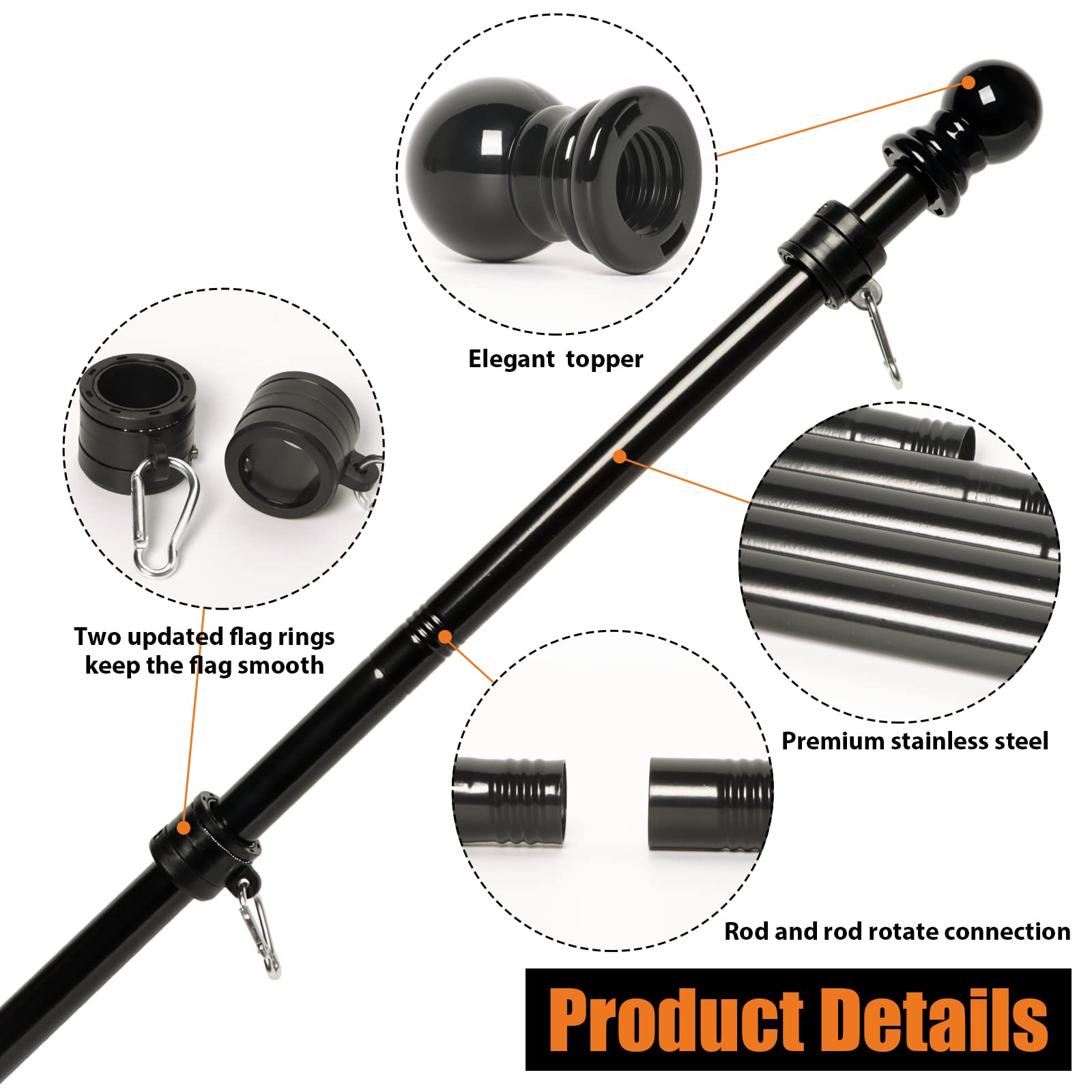 NELXINJO Flag Pole Kit for House - 6FT Stainless Steel Residential or Commercial Outdoor Flagpole with 2 No-Tangle BallÂ Bearing Rings (Flagpole Without Bracket)
