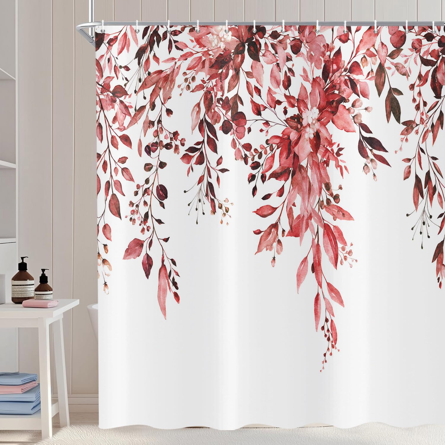 ASDCXZ Claret Eucalyptus Shower Curtain 120x180 cm, Spring Watercolor Eucalyptus Leaves Floral Plants Waterproof Bath Curtain Polyester Textile Washable Shower Curtains for Bathtub with 8 Hooks