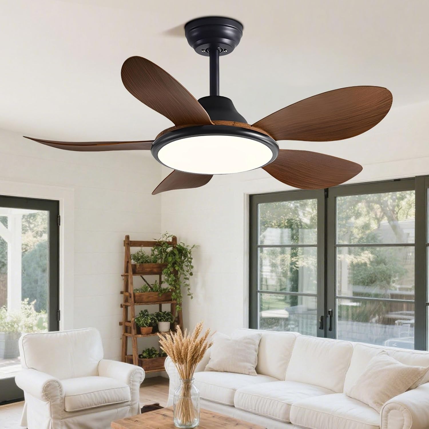 Modern Remote Ceiling Fan with Light Indoor Energy Efficient Ceiling Fans with Walnut Wood Color ABS Blades, 6 Speeds, Timer Ceiling Fan Lights for Bedroom Dining Room Living Room