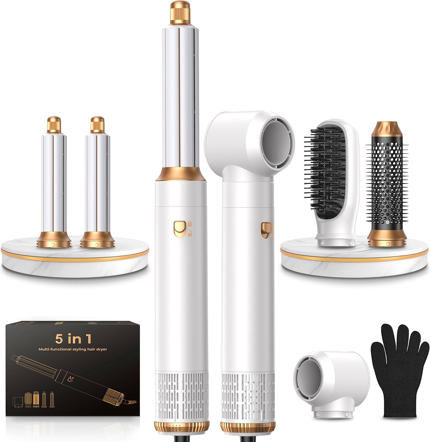 Blow Dryer Brush Set 5 in 1, Hot Air Styler Negative Ion Air Curling Wrap Air Curler Low Heat Hair Care, Round Brush Blow Dryer Hair Styling Tools Gift for Dry,Volumize,Straight,Curl, 110-120V