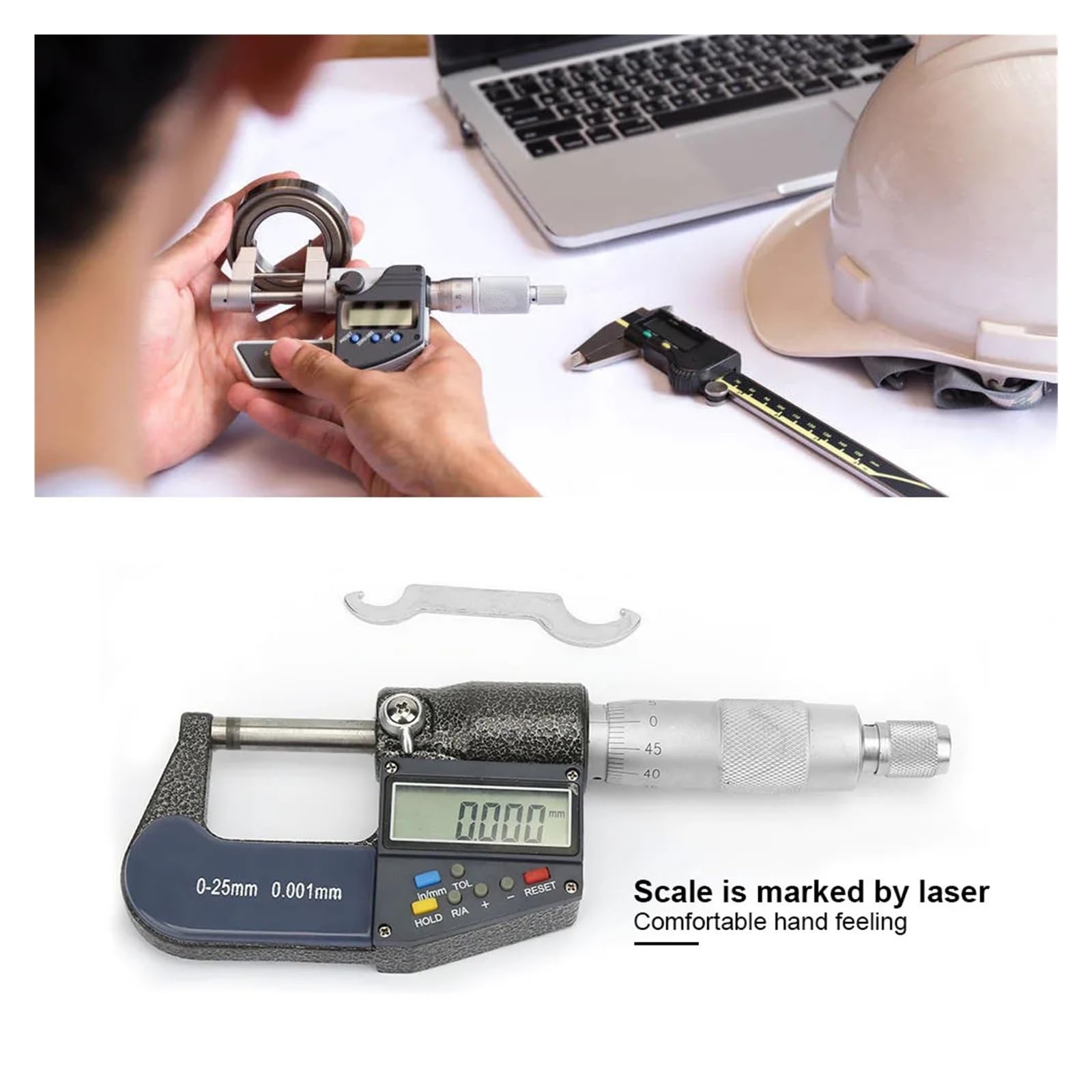 Digitales Mikrometer-Messwerkzeug, 0–25 mm, elektronisches digitales Mikrometer, 0,001 mm Dickenmessgerät und Schraubenschlüsselsatz Genau