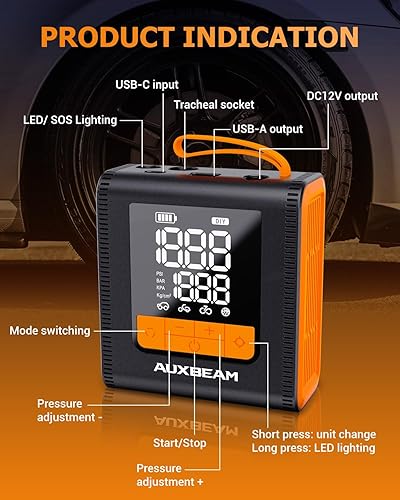 Miniatura 7 de AUXBEAM Compresor de aire portátil H4, bomba de inflado de neumáticos de coche de 150PSI 4000mAh, 12V 4 modos de inflado preestablecidos, bomba de