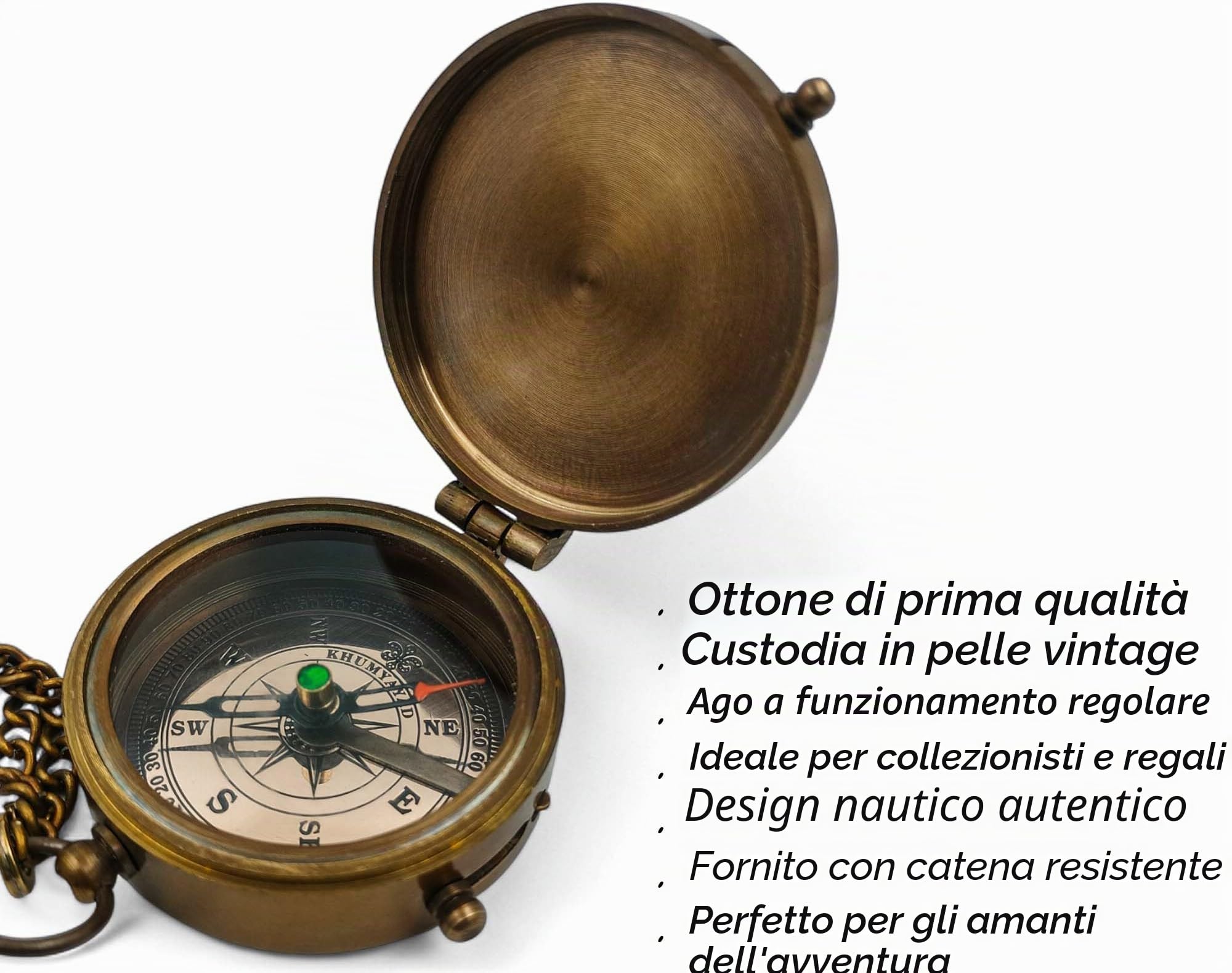 Bussola tascabile in ottone, realizzata a mano, completamente funzionale, bussola nautica anticata, bussola incisiva, bussola steampunk con custodia in pelle.