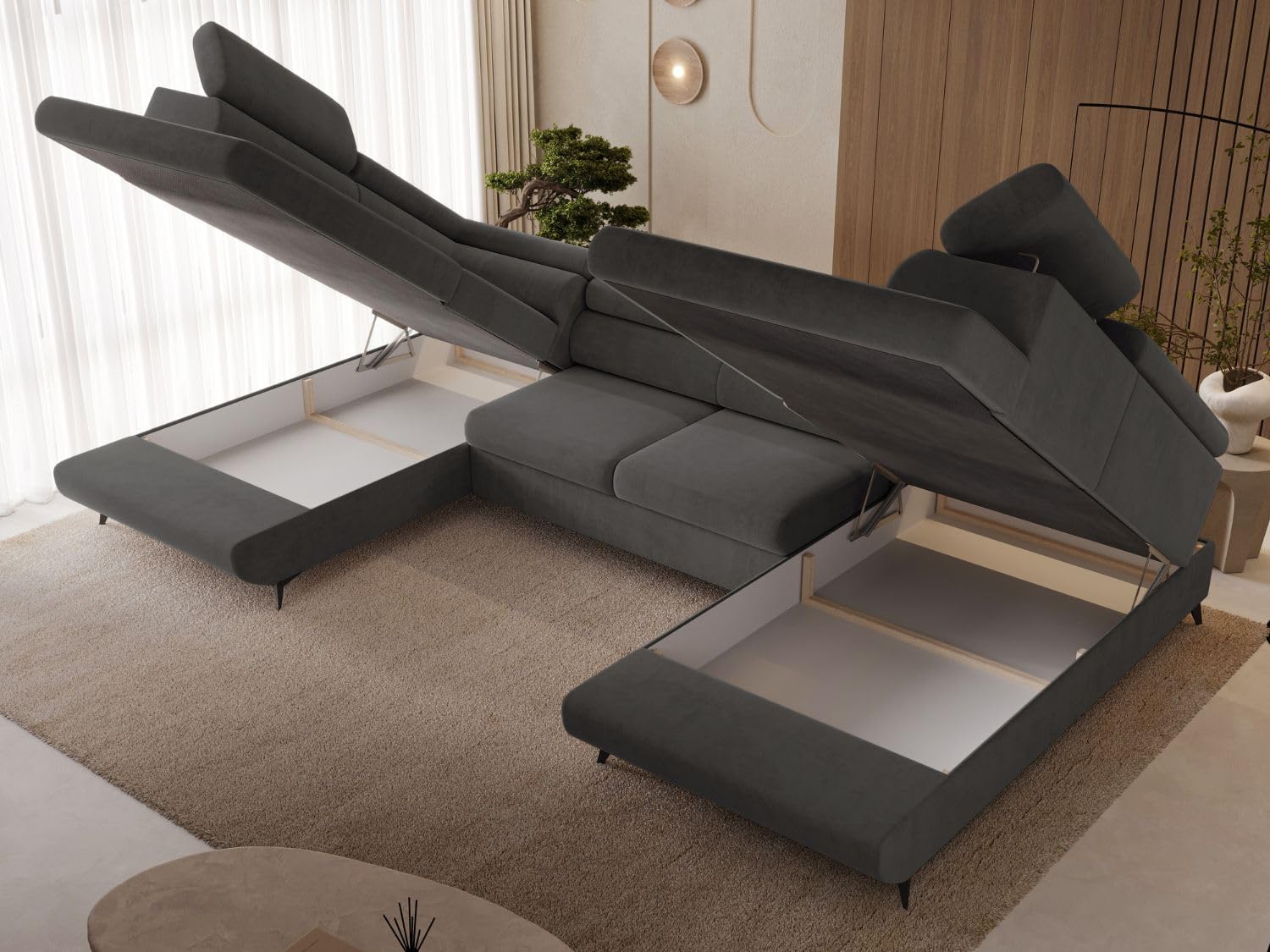 GRAINGOLD Argon U Ecksofa mit Schlaffunktion & Bettkasten 322x190 cm, U-Form Sofa mit Stauraum, Schlafcouch für Wohnzimmer, Velvet-Stoff, 5-Sitzer Wohnlandschaft, Modernes Design (Castel, Dunkelgrau)