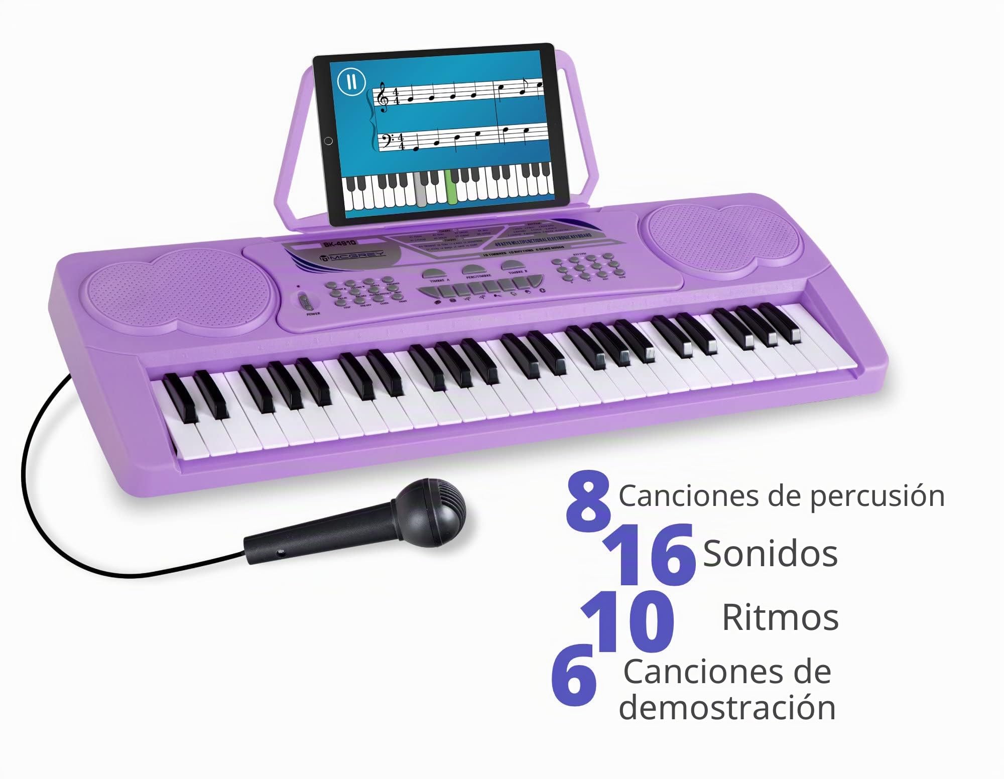 McGrey BK-4910VT Teclado Con 49 Teclas Y Atril Para Partituras Lila | Teclado para principiantes con 49 teclas, 16 sonidos, 10 ritmos, 8 sonidos de percusión, 6 canciones demo, 5 mm), Peso: 2