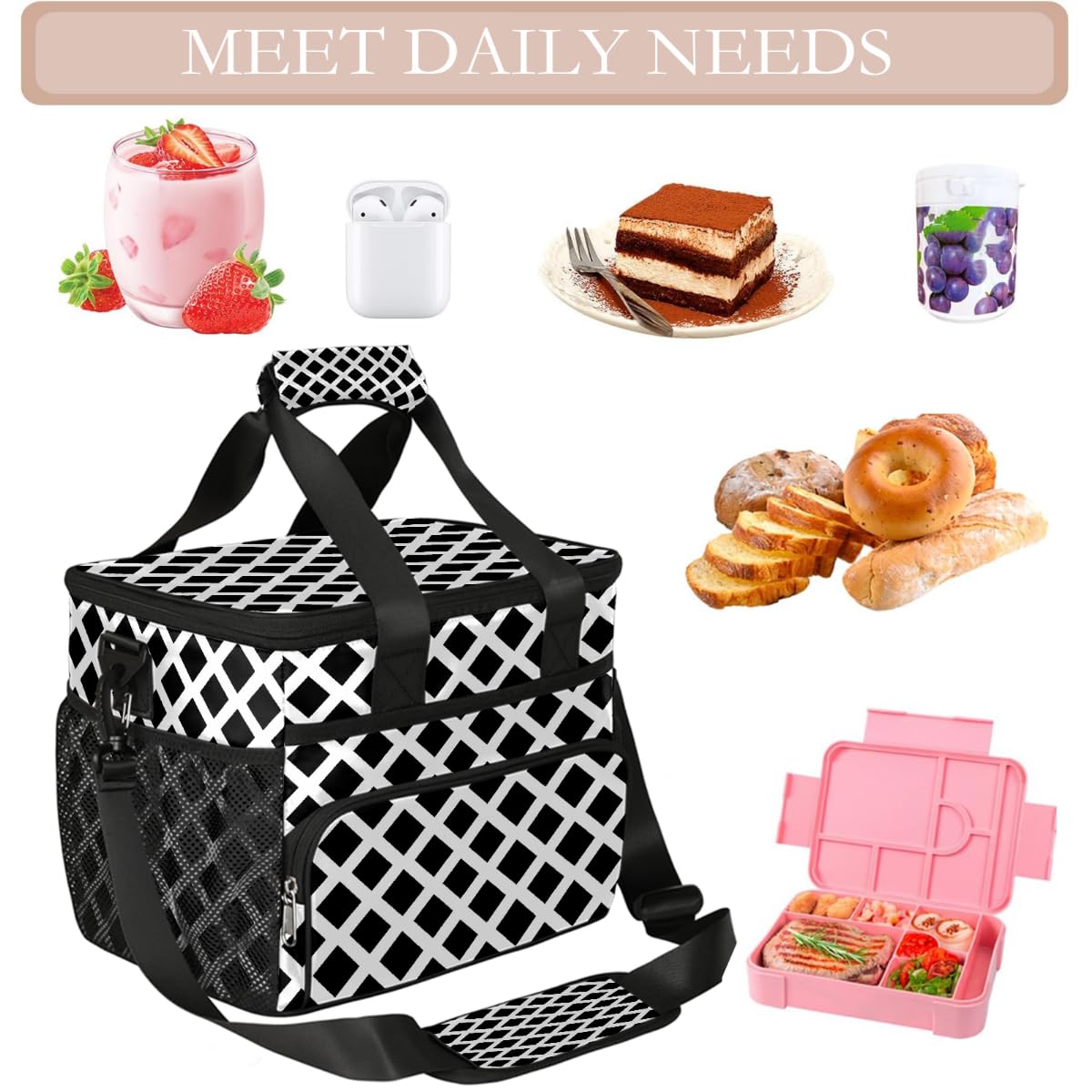 Grande borsa termica da campeggio per picnic, griglia a scacchi bianca e nera, stampa geometrica, pieghevole, portatile, da viaggio, borsa per il pranzo e contenitore per il pranzo, per uomini e donne