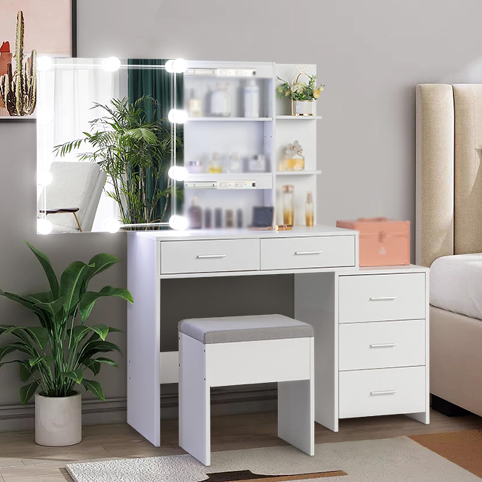 31.5" Vanity Desk with Mirror and Lights,Dressing Table for Woman Bedroom,Makeup Desk with Stool,5 Drawers,2 Shelves Mirror Cabinet