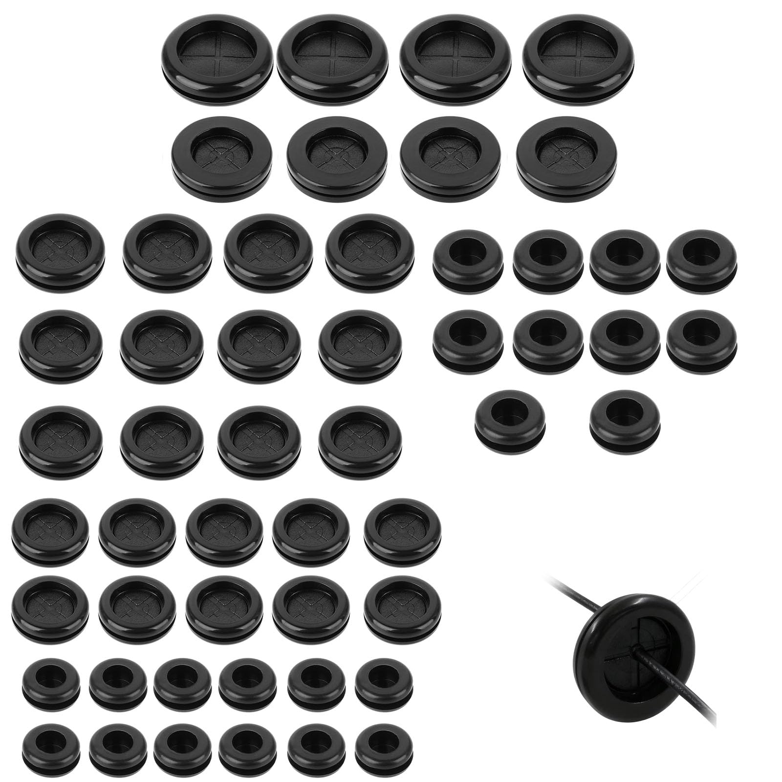 Passacavi in Gomma 52 Pezzi Assortiti Guarnizione Tonda antistrappo per Cavi elettrici 7 Misure da 16mm a 38mm Nero Ideale per armadi Quadri elettrici Auto e Fai da Te