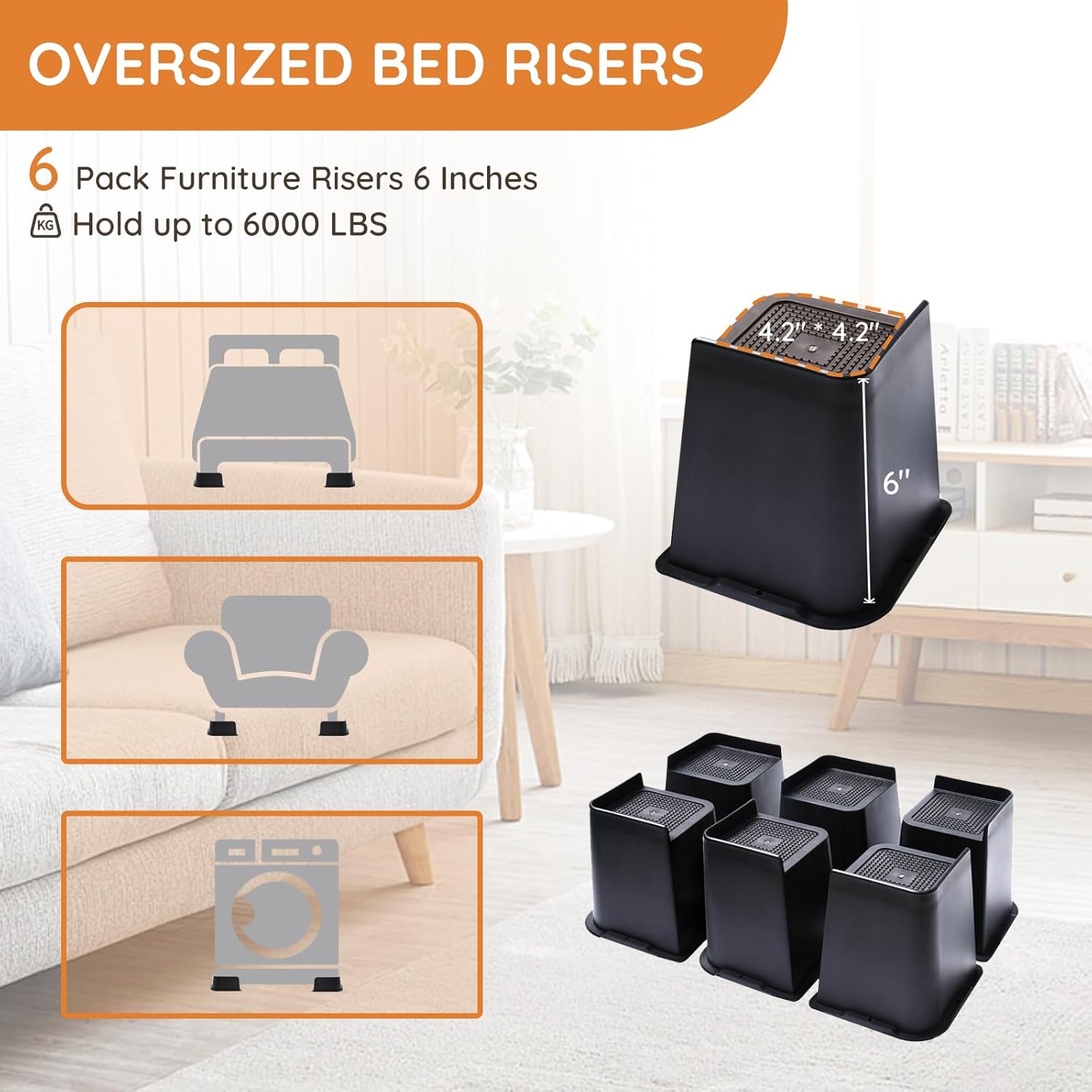 Bed Risers, Oversized Furniture Risers, 6 inch Raise Blocks for Bed Couch Desk Sofa Table Lifts, Furniture Legs Lifters Support up to 6000 Lbs (Black, 6 Pack Set)