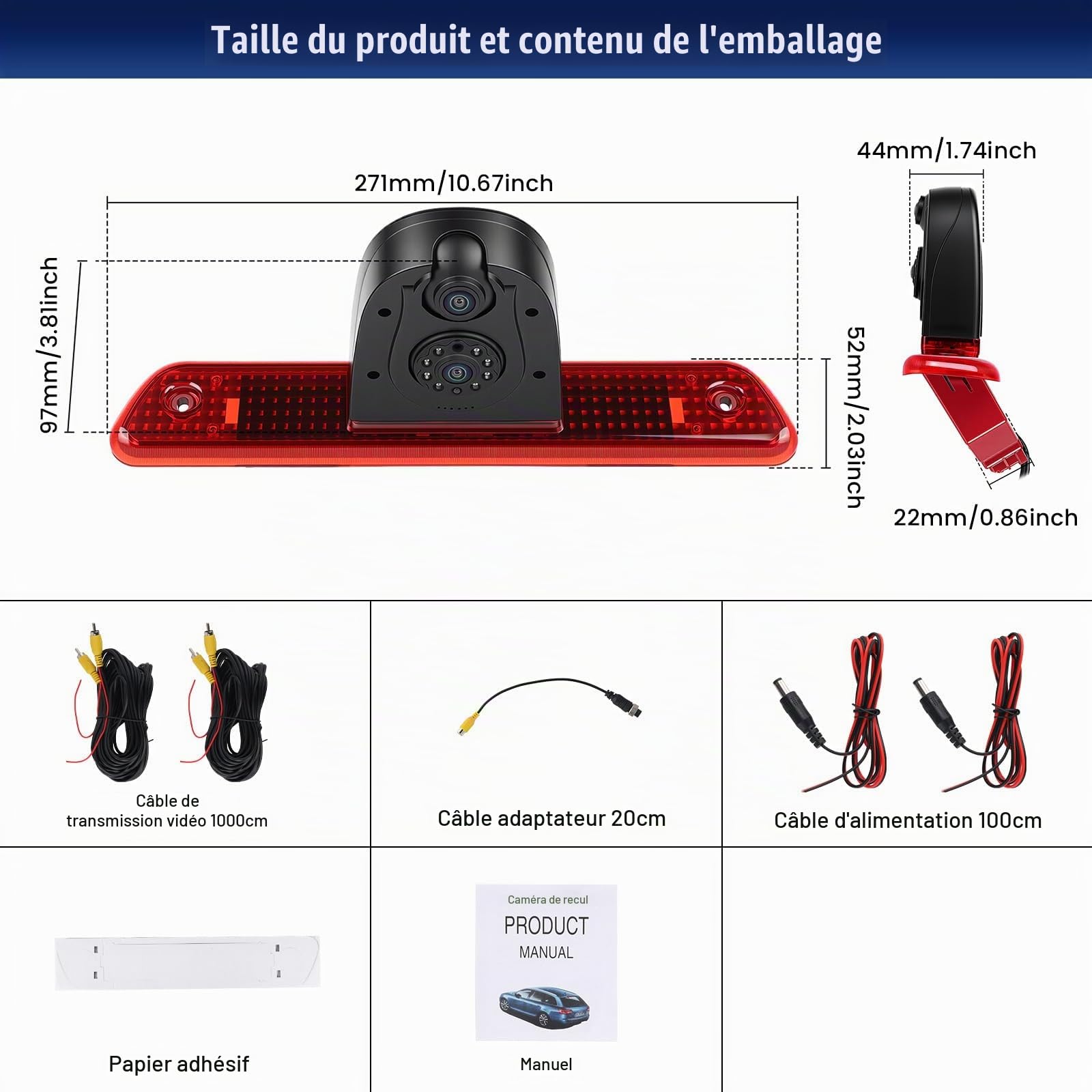 CAMECHO Caméra de Recul HD pour Citroën Jumpy Peugeot Expert Toyota Proace 2007–2016 avec Vision Nocturne, IP67 étanche, Grand Angle 140°, Caméra Orientable à 30°, 12 V, câble de 10 m