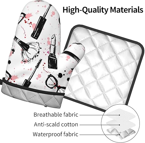 Miniatura 3 de Juego de guantes de horno y soportes para ollas con patrón de cosméticos de maquillaje, guantes de horno resistentes al calor y agarradera, guantes