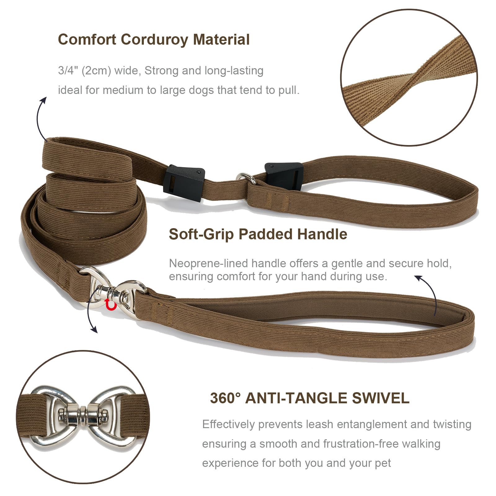 Petiry Slip Lead for Dogs - 1.8m Corduroy Anti-Pull Dog Lead For Training,Effortless Control & Comfort,One-Size-Fits-All,Brown - Image 2