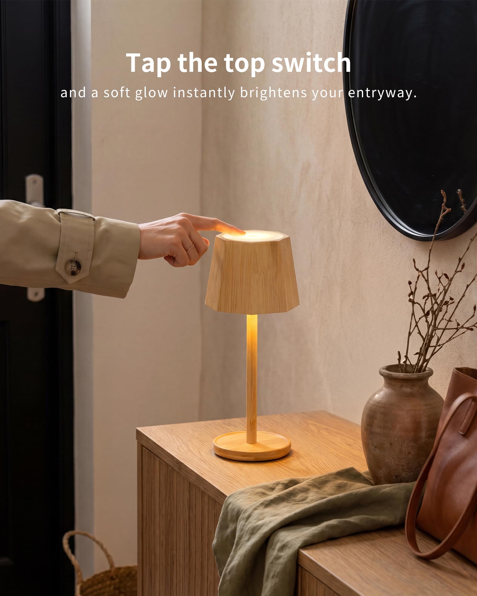 Lámpara LED de Mesa Inalámbrica–Recargable,Touch Dimmerable,Estilo Escandinavo Bohémien en Bambú,Impermeable,Luz Ambiental Portátil para Mesita de Noche,Dormitorio,Sala,Patio-BAMO TL12
