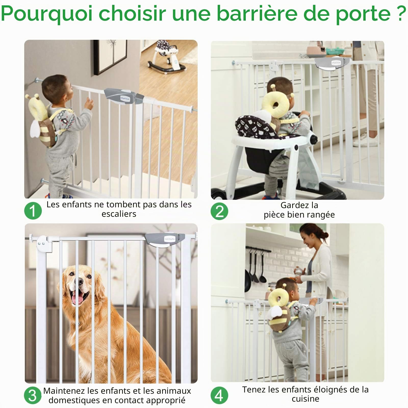 LZQ - Grille de protection pour escalier et porte - Double verrouillage - Barrière de sécurité, en métal, extra-sécurisée, à clipser - Blanche - 85 à 95 cm - Arrêt à 90° - Fermeture automatique