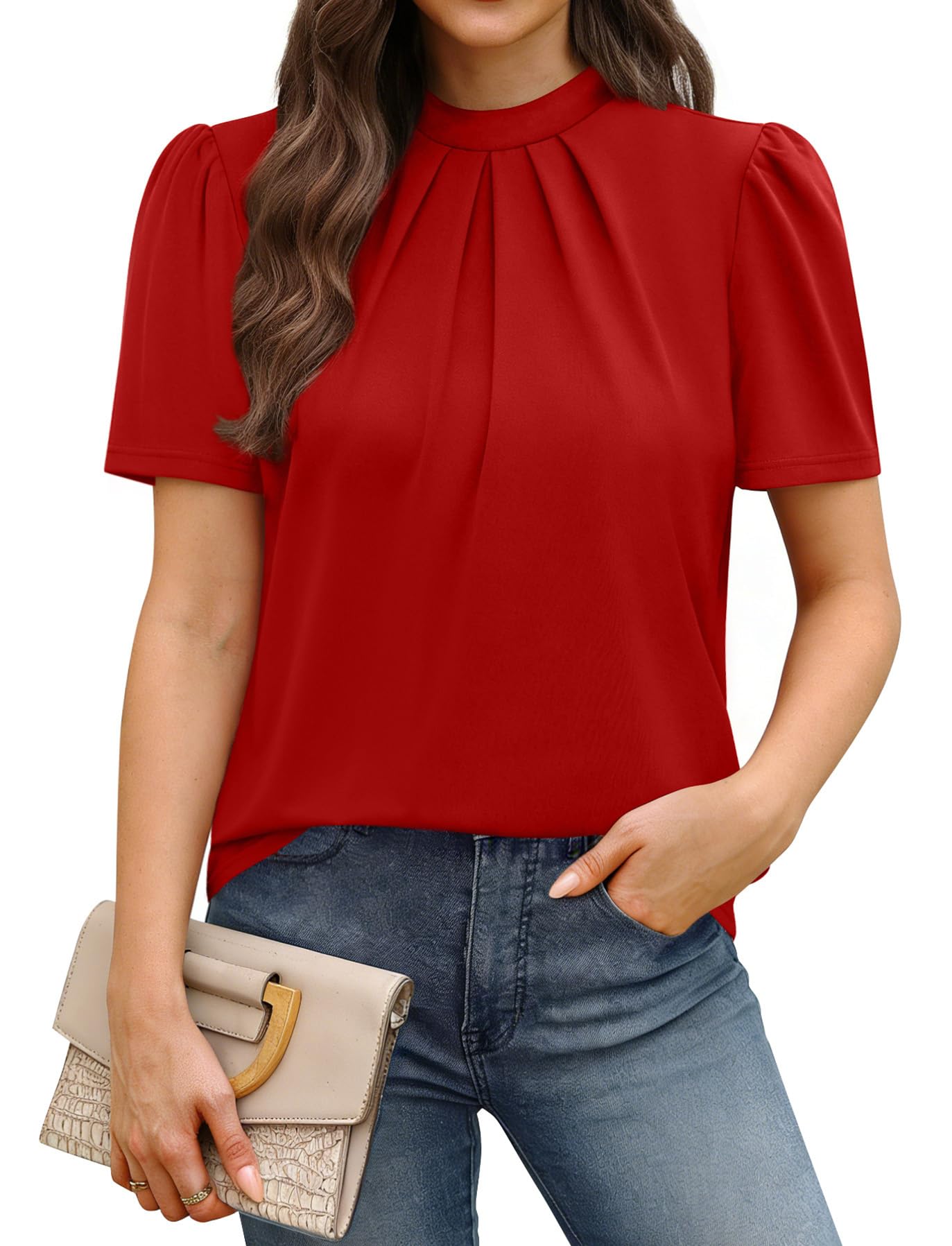 WIHOLL Womens Tops Short Puff Sleeve Shirts Mock Neck Pleated Spring Blouses Dressy Casual Business Casual Summer Outfits — view 11