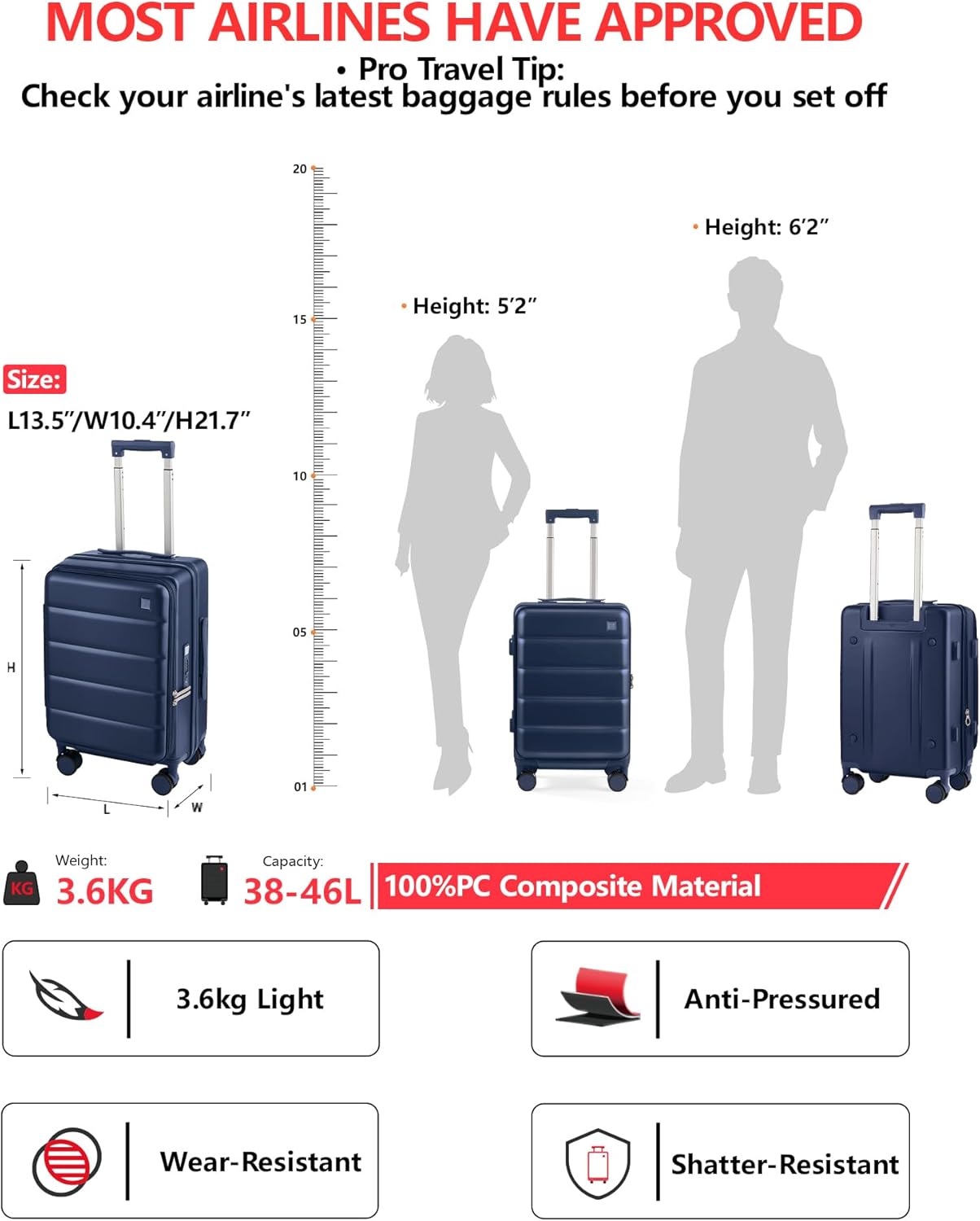Expandable 20Inch Carry On Luggage Airline Approved - Top Opening Hardside Travel Suitcase Unbreakable -with Cup Holder,USB Charge,Side Pothook, 360°Spinner Wheels, TSA Lock-Navy Blue - Image 8