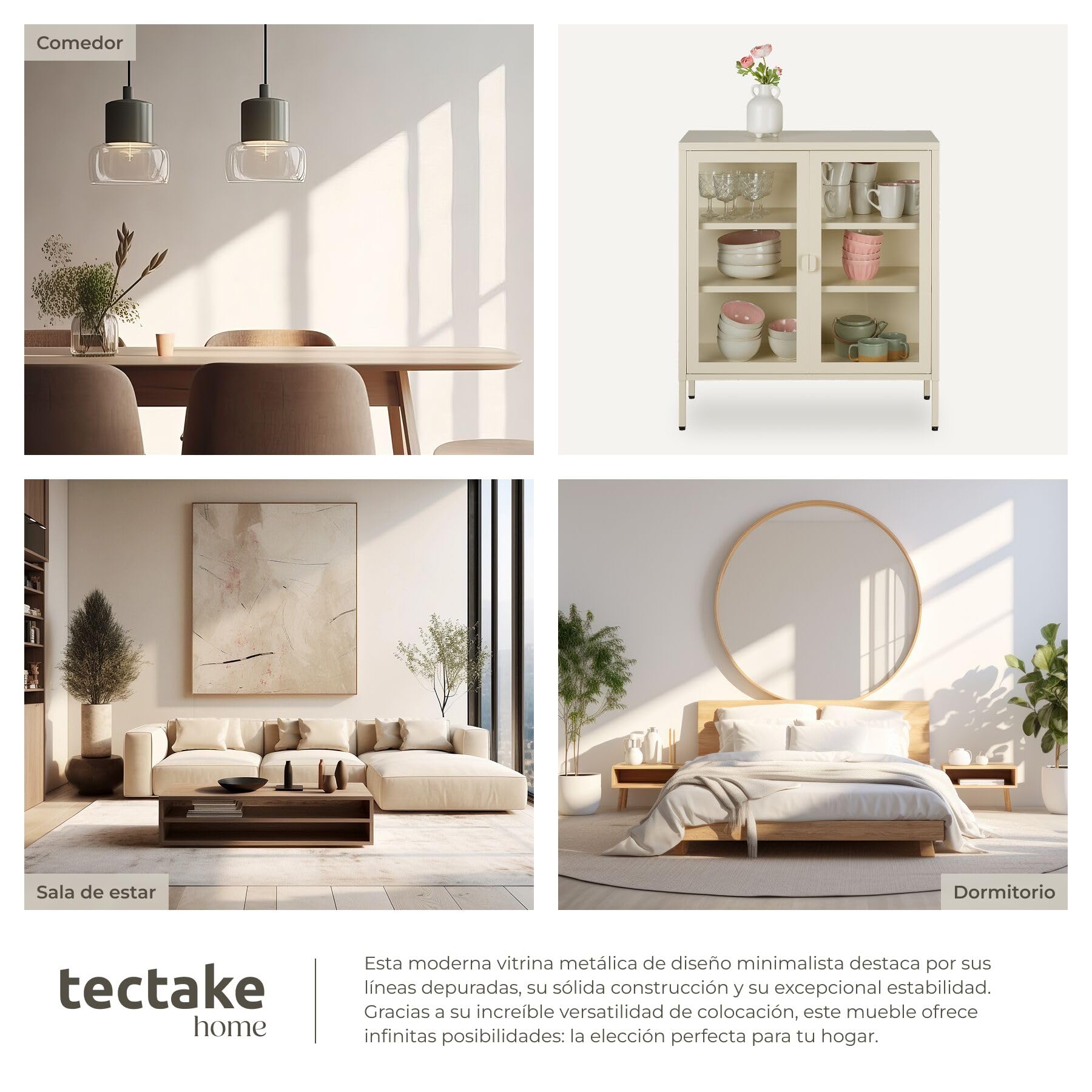 tectake® Vitrina Expositora con Puertas de Cristal con Cierre Magnético, Mueble Baño con Estantes Ajustables, Estanterias Almacenaje con Patas Ajustables, Estanteria - Crema