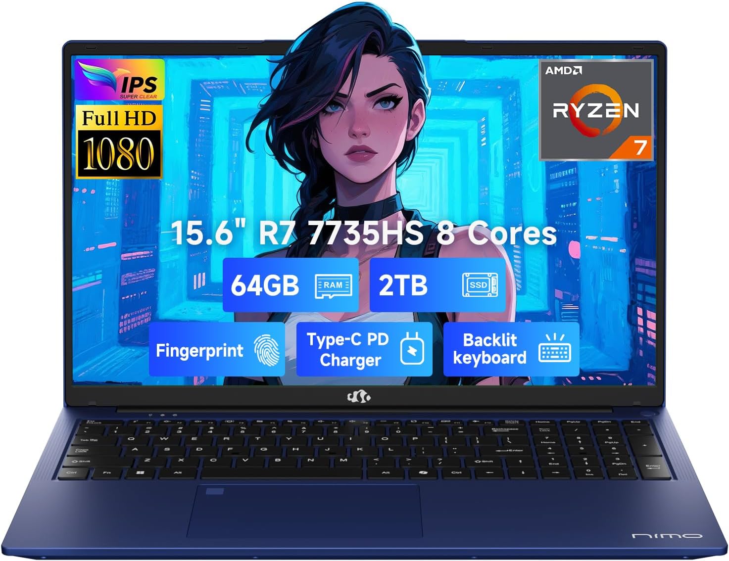 NIMO 15.6" IPS FHD-Gaming-Laptop, AMD 8 Cores Ryzen 7 7735HS 64GB DDR5 RAM 2TB SSD (Beats i7-12650H) Computer with Radeon 680M 100W Type-C Backlit Keyboard Fingerprint, for Gaming Business