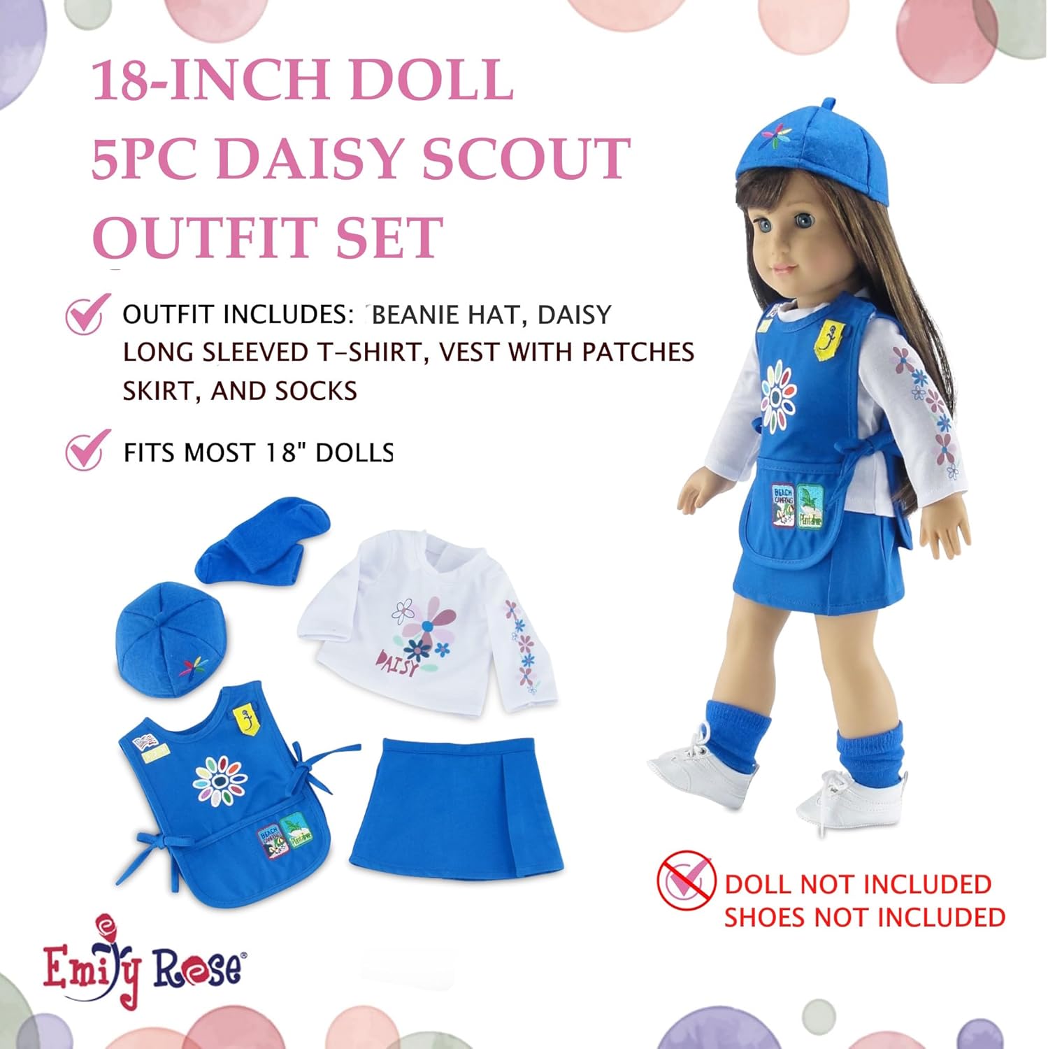 Emily Rose 18 Inch Doll Clothes - 5PC Daisy Girl Scout Uniform Including Embroidered Patches | Officially Licensed | Compatible with American Girl Dolls | USA Business