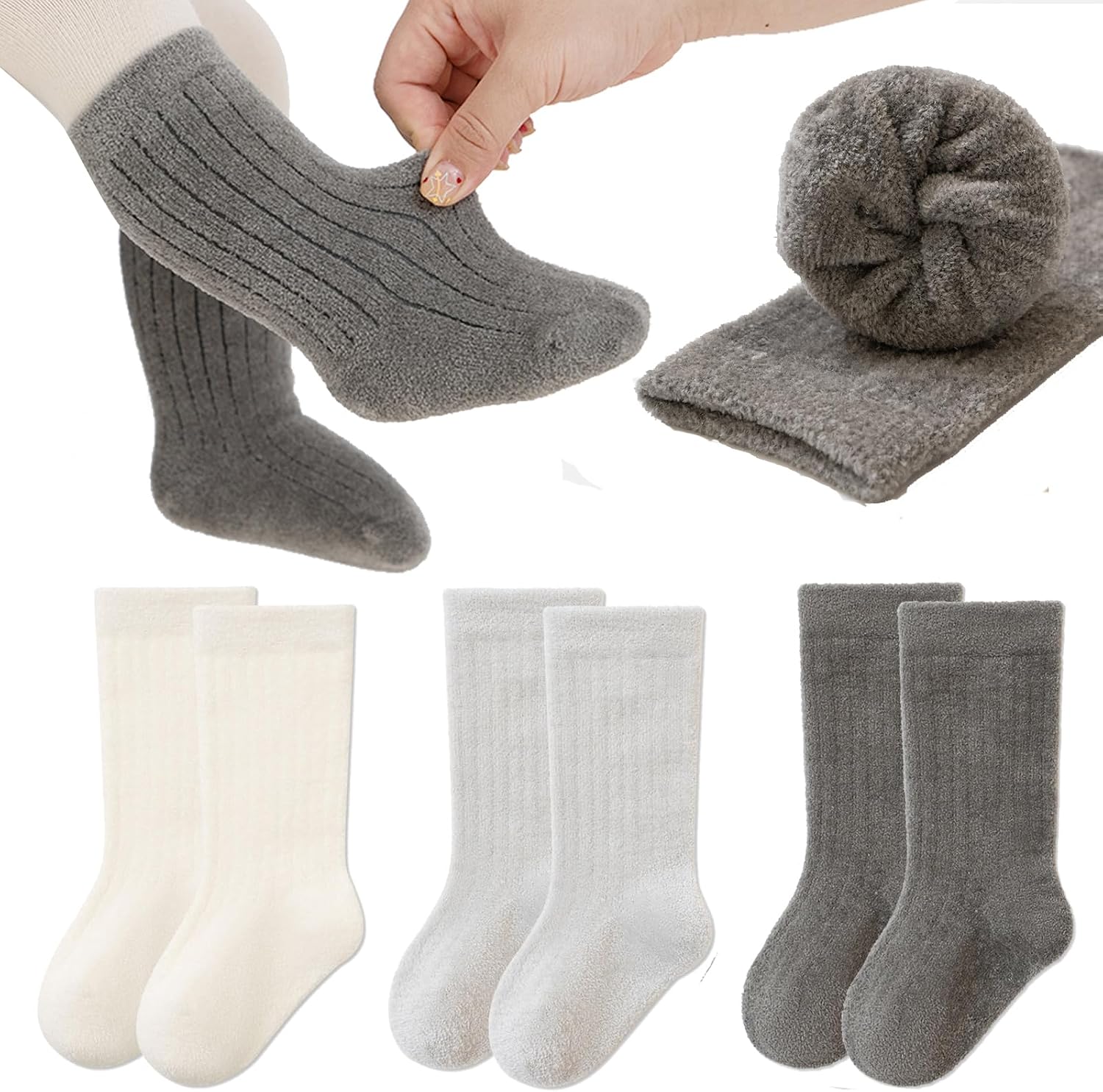 Baby Boys Girls Cozy Velvet Winter Socks Thickened Warm Solid Color Boneless Design Crew Socks for Kids, 3 Pack