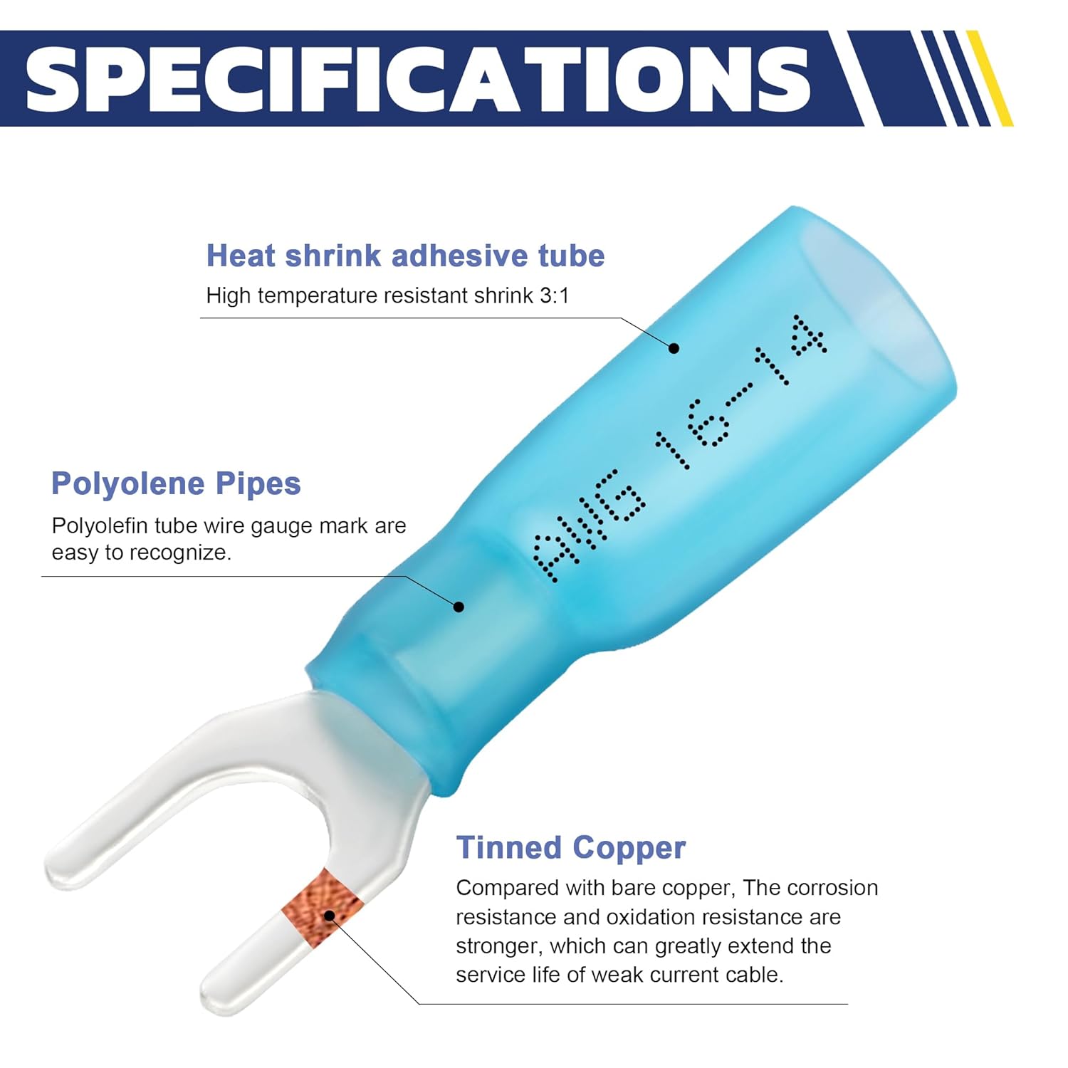 haisstronica 210PCS Heat Shrink Fork Spade Connectors #8#10 Waterproof Marine Grade Fork Terminal Connectors U-Type Blue Red Yellow 22-10 Gauge