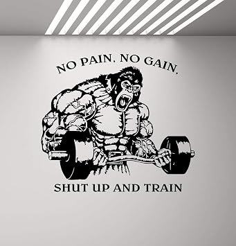 No Pain No Gain Shut Up and Train Wall Decal Gorilla Gym Quote Vinyl Poster Motivational Wall Art Workout Fitness Decor Sticker Home Inspirational Quotes Sport Signs Mural Removable Print 1112