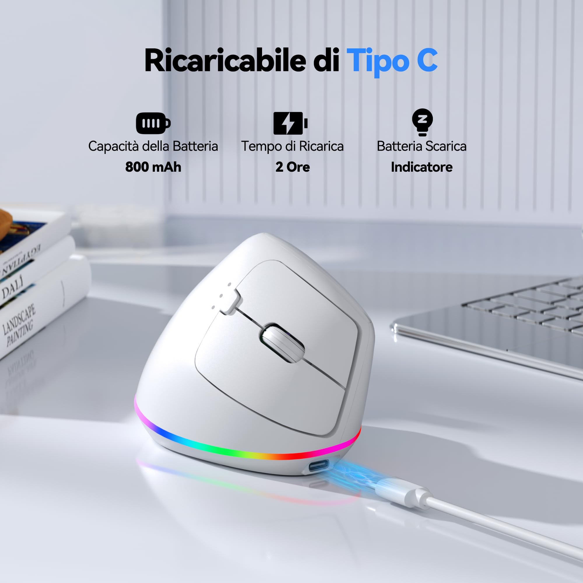 TECKNET Mouse Ergonomico Wireless, Mouse Verticale Ricaricabile, Mouse Bluetooth+ 2,4 GHz, Mouse Wireless Silenzioso, 4800 DPI Regolabili, 6 Pulsanti, RGB Chroma, Compatibile con PC/Windows/Mac