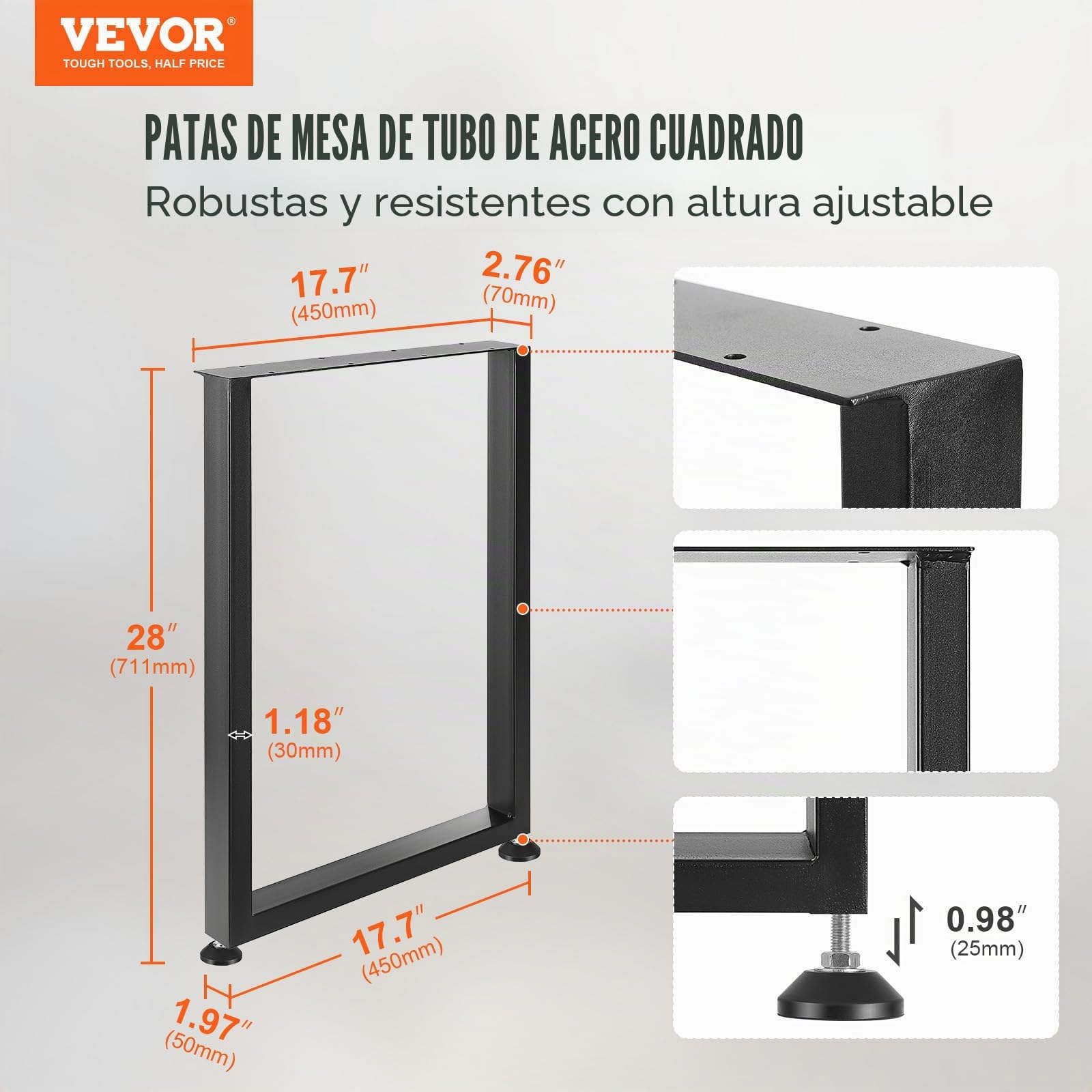 VEVOR Patas de Mesa 2 Piezas Patas de Escritorio Ajustables Cuadradas 711 mm Capacidad de Carga 454 kg de Acero Sólido Patas de Muebles con Muchos Accesorios para Hogar, Oficina, Comedor, Negro