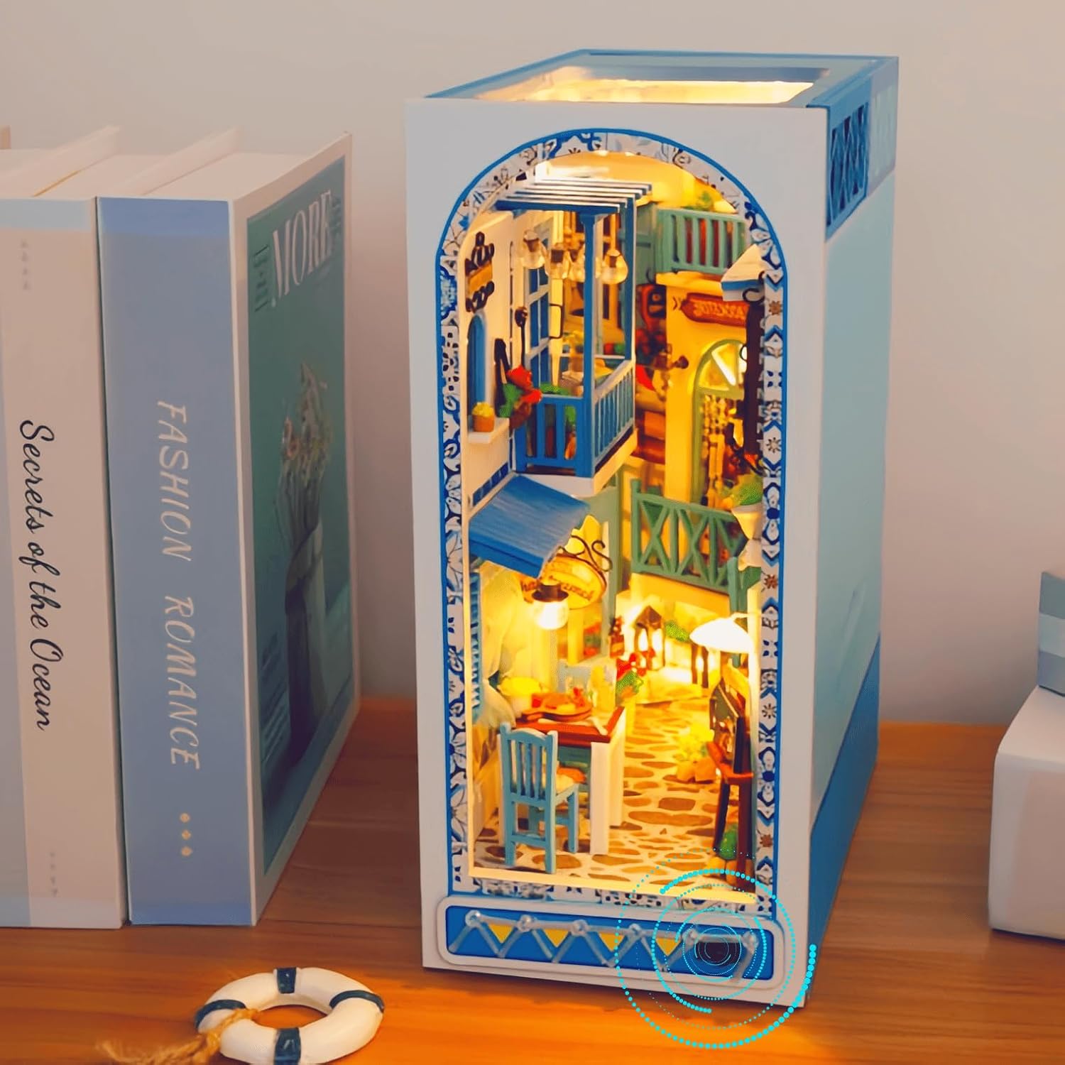 DIY Assembling Booknook Kit : World Towns and Fantasy Themes, Multicolored Lights, Beginner-Friendly, English Instructions (Sea Breeze)