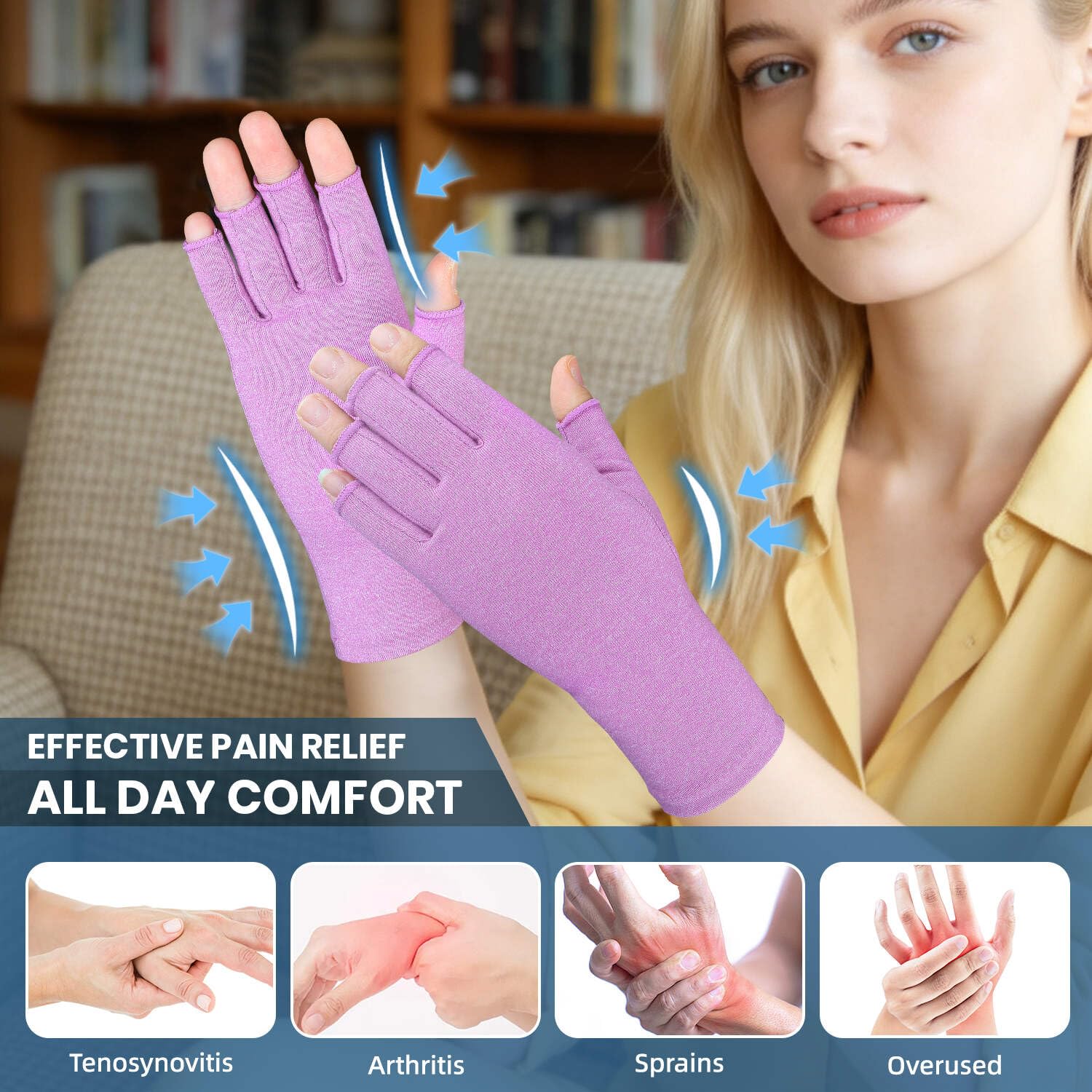 2 pares de guantes para artritis, guantes de compresión de mano para reumatoides, alivio del dolor, túnel carpiano, hinchazón, soporte articular, guantes sin dedos para conducir para mujeres
