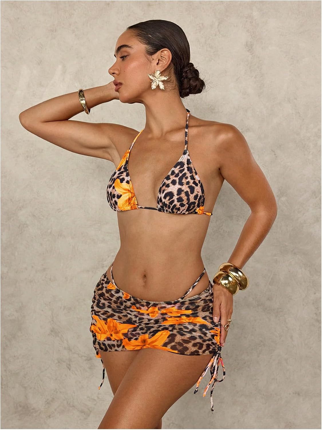 Verdusa Women's 4 Piece Cheetah Print Triangle Thong Bikini with Sheer Overlay Cheeky Swimsuit with Skirt and Bandana