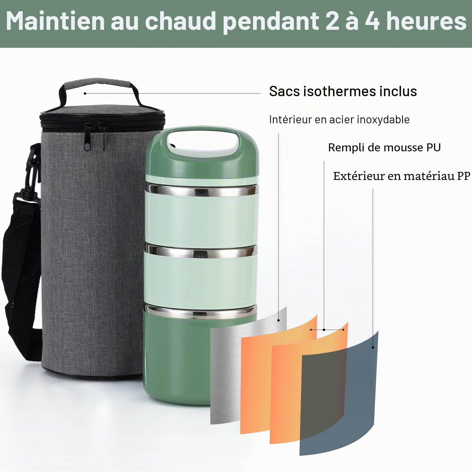 Lille Home Boîte à Lunch en Acier Inoxydable, 3 Niveaux, 1.43L | Boîte à bento isolée sans BPA pour préparation de repas. Récipient de nourriture empilable, idéal pour les déplacements