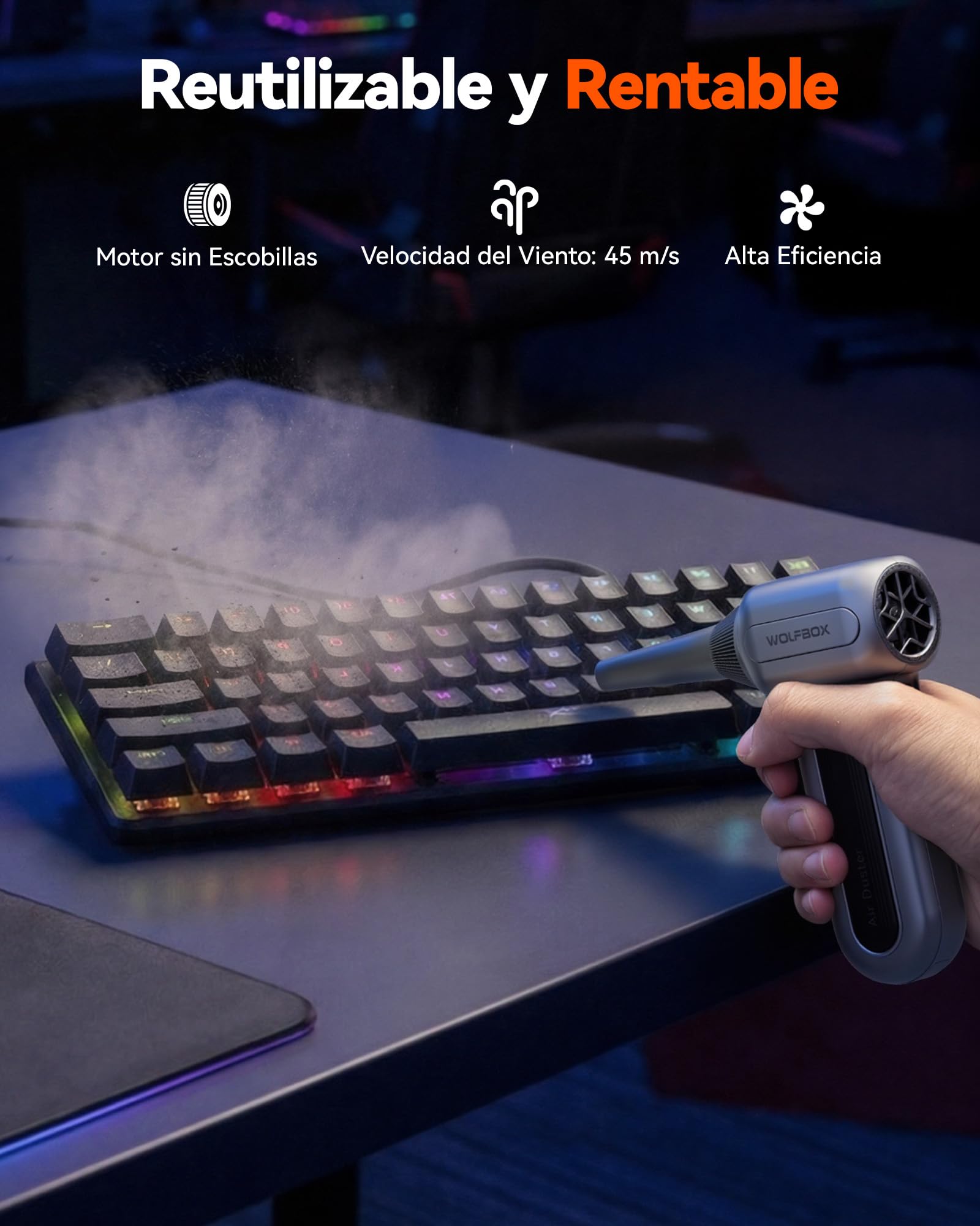 WOLFBOX MF70 Soplador de Aire Potente 110,000 RPM - Mini Soplador Eléctrico Batería Recargable, Aire Comprimido para Limpieza PC Ordenador Teclado, 3 Velocidades, 5 Boquillas, Coche Hogar Cámara
