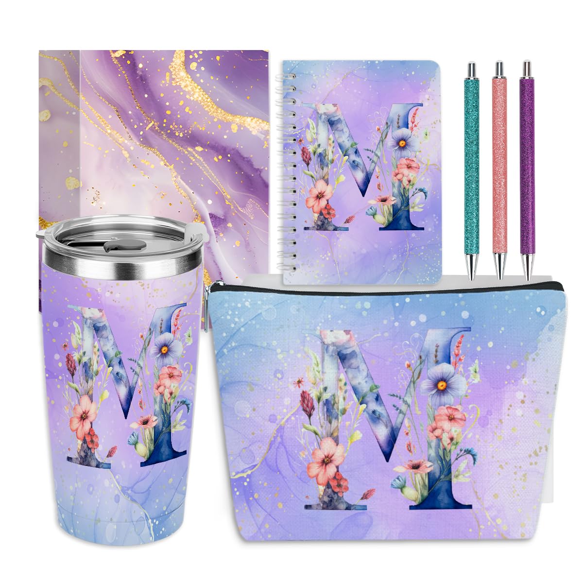 Cadeau de Noël personnalisé initiale pour elle : lot gobelet 591 ml et trousse de maquillage