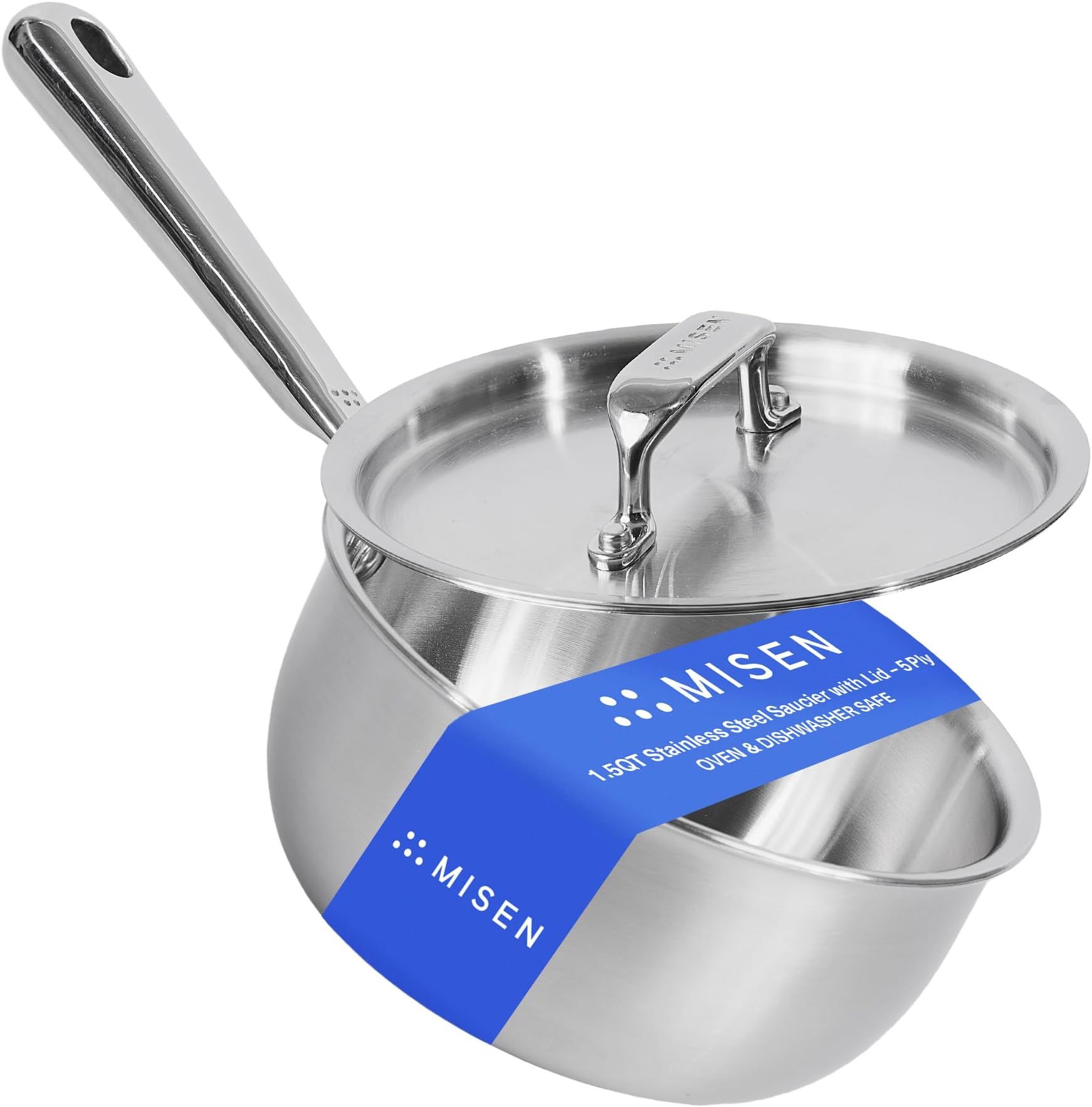 5-Ply Stainless Steel Saucier with Lid– Induction-Compatible Pan with Curved Sides for Smooth Stirring - Oven Safe to 800F – Even Heat Distribution & Ergonomic Handle - 1.5 QT