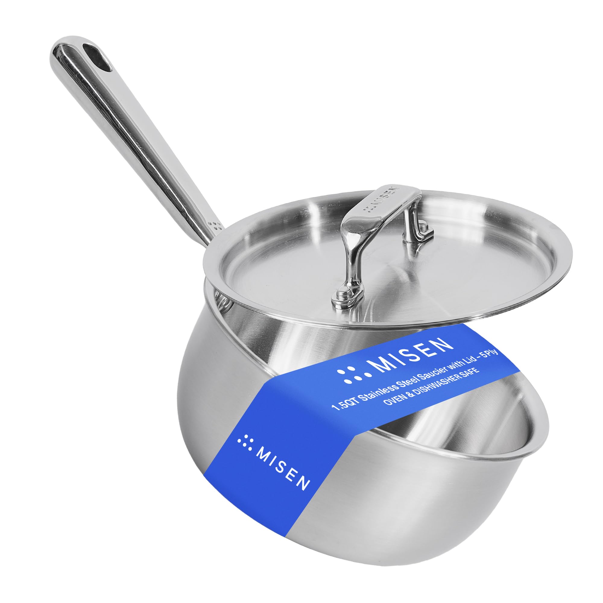 Misen 5-Ply Stainless Steel Saucier with Lid– Induction-Compatible Pan with Curved Sides for Smooth Stirring - Oven Safe to 800F – Even Heat Distribution & Ergonomic Handle - 1.5 QT
