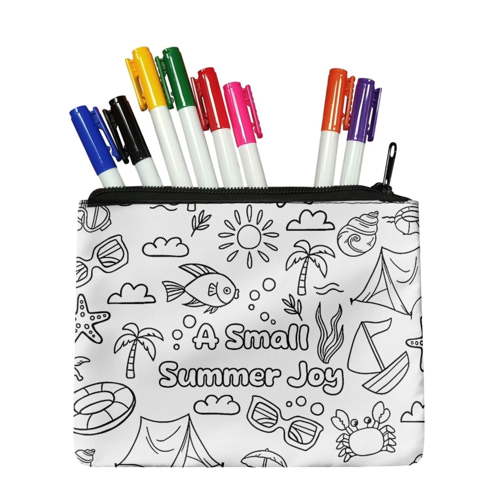 Fkwergsy Color Your Own Pencil Pouch for Girls DIY Coloring Canvas Makeup Bag with 8 Bright Markers, Small Cosmetic Case for School Arts Crafts, Birthday Gifts