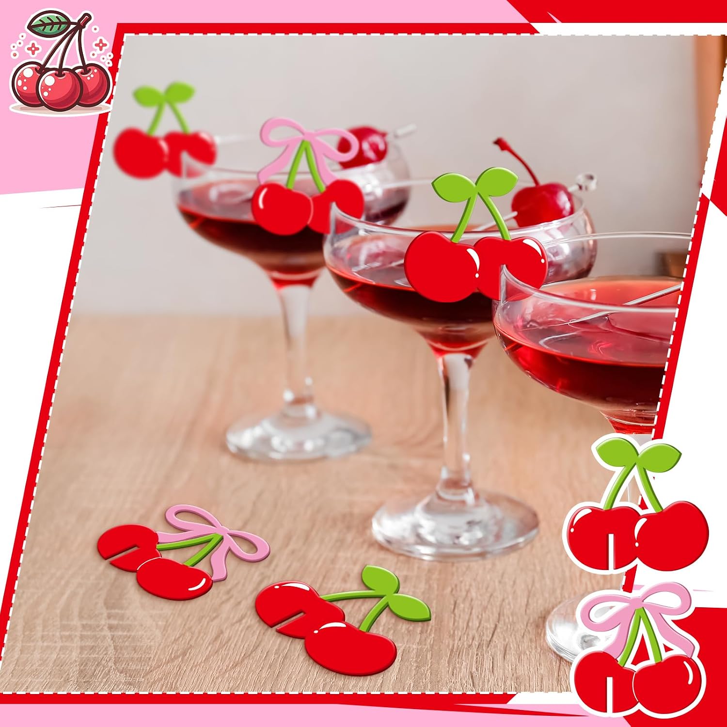 Chunful 36 Pcs Cute Drink Markers Acrylic Pink and Red and Bow Drink Tag Charm for Bachelorette Coquette Birthday Wedding Bridal Shower Party Favor Summer Themed Party Decoration
