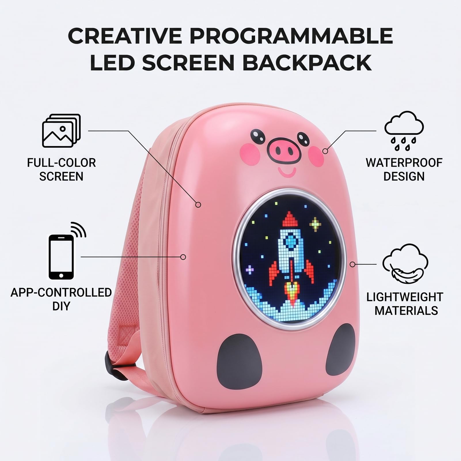 APP Control LED Backpack z Pełnokolorowym Programowalnym Ekranem | Wyświetlacz tekstu obrazu animacji GIF, wodoodporna lekka torba bagażowa dla studentów, profesjonalistów, na imprezy,